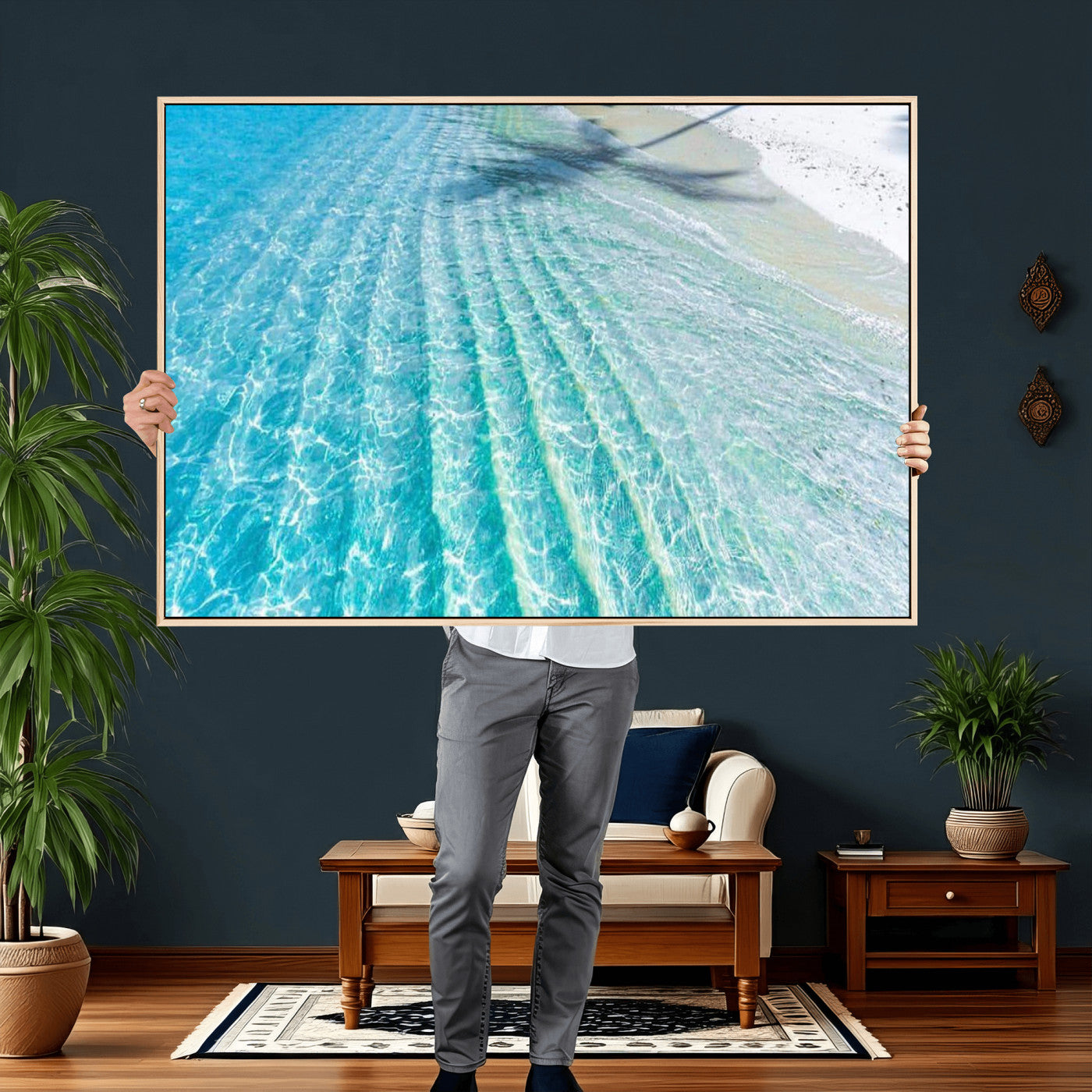 46233906-MGV-CV-36X24 - Serene Clear Blue Ocean Water Canvas Wall Art – Soft White Sand Shore Coastal Print for Home Decor, Relaxation, and Tranquil Vibes