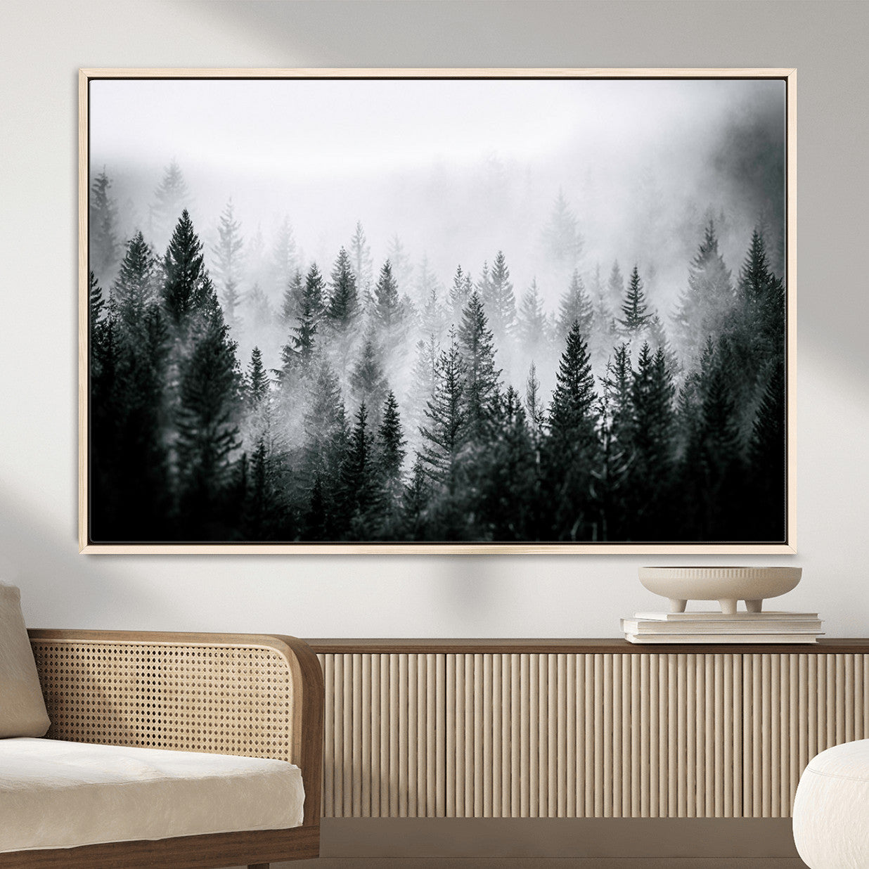 MGV-FC-36X24 - Foggy Pine Forest Canvas Wall Art, Horizontal Black and White Nature Landscape Print for Modern Home Decor