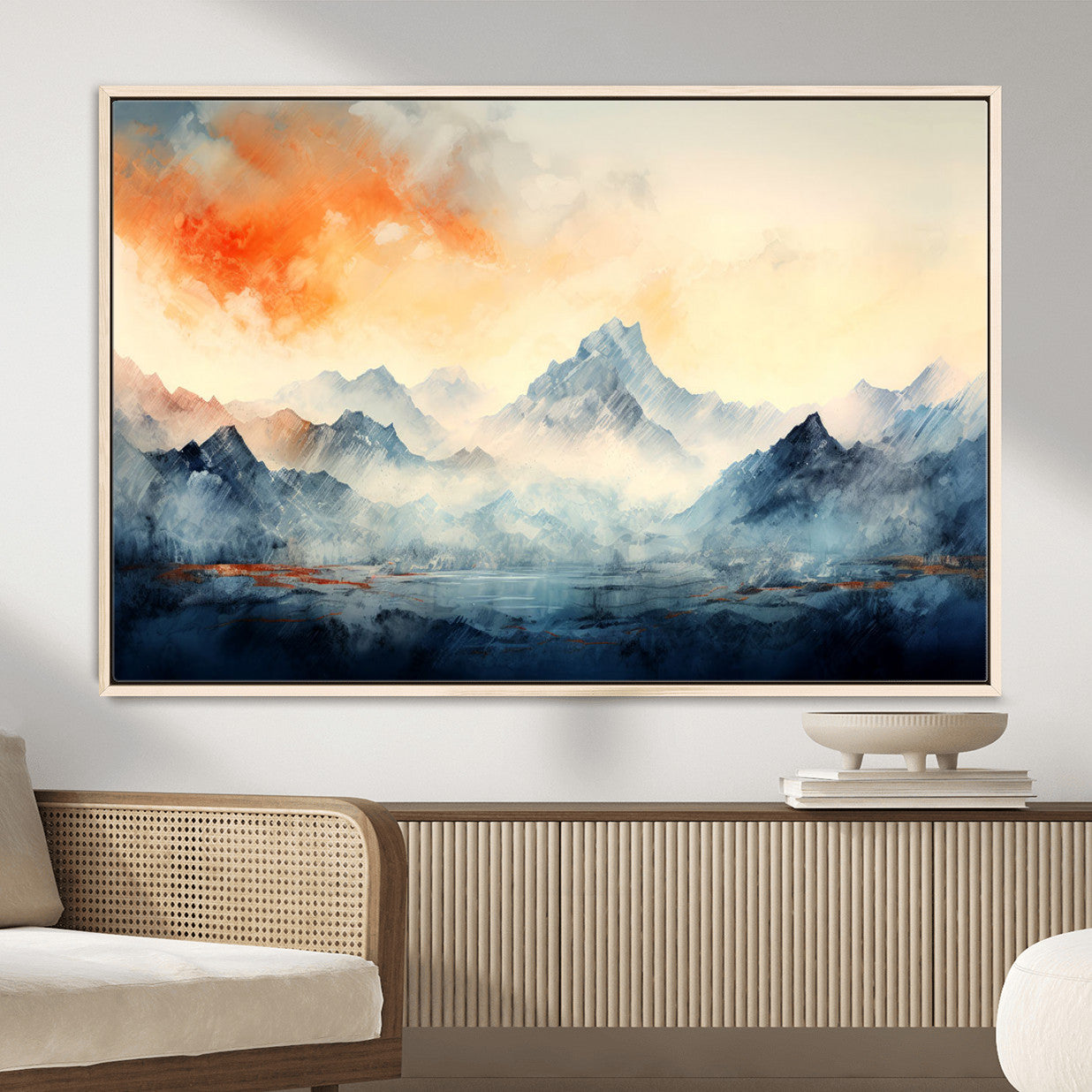 WRM1005-MGV-FC-36X24 - Warm Clouds Abstract Mountain Wall Art, Modern Landscape Canvas Print, Minimal Framed Artwork for Home, Office