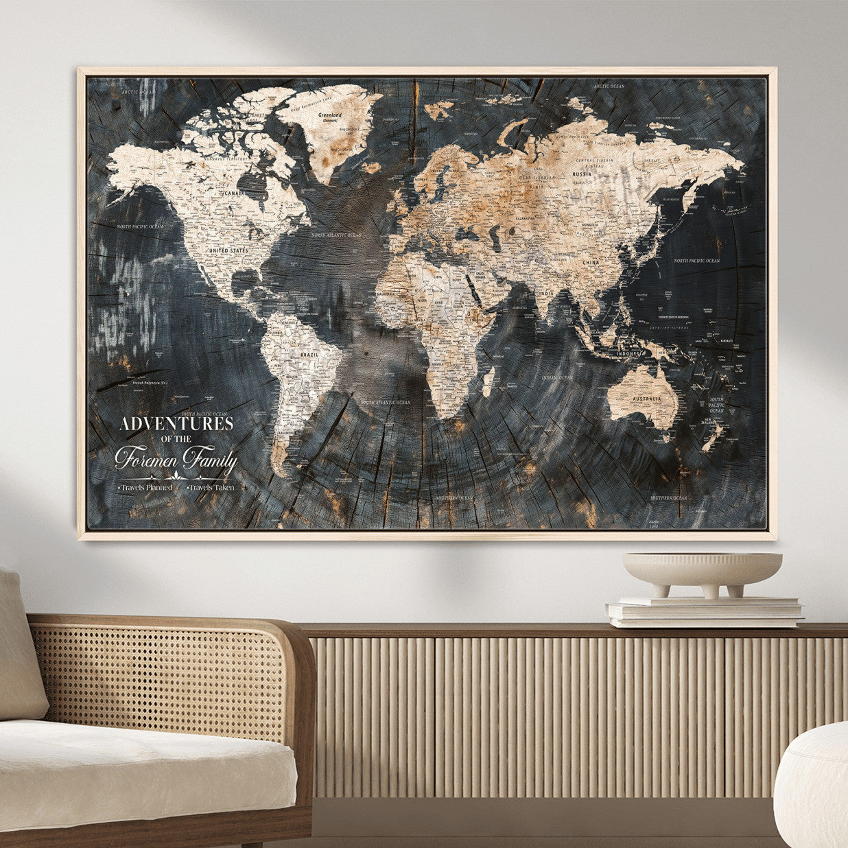 58265369-MGV-FC-36X24 - Customized Push Pin World Map Wall Art Canvas Print with Pins, Personalized Travel Tracker Map, Framed World Map for Living Room, Office and Home Decor