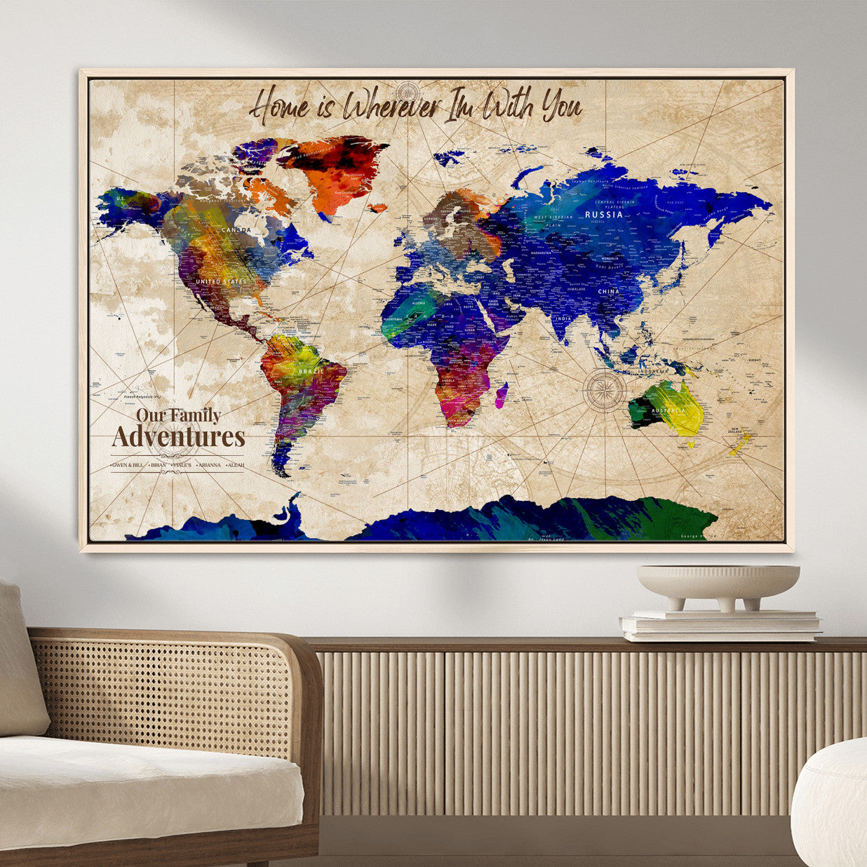 42795268-MGV-FC-36X24 - Personalized Push Pin World Map Canvas Print – Custom Adventure Travel Map, Framed Wall Art Gift for Couples or Family