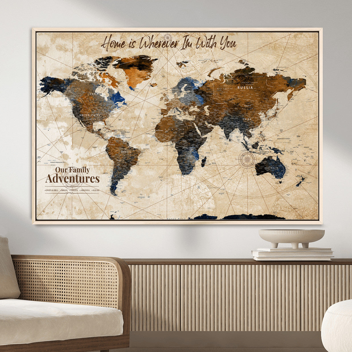 37709027-MGV-FC-36X24 - Customized Push Pin World Map Wall Art Canvas Print with Pins, Vintage Personalized Travel Tracker Map, Framed World Map for Living Room, Office and Home Decor