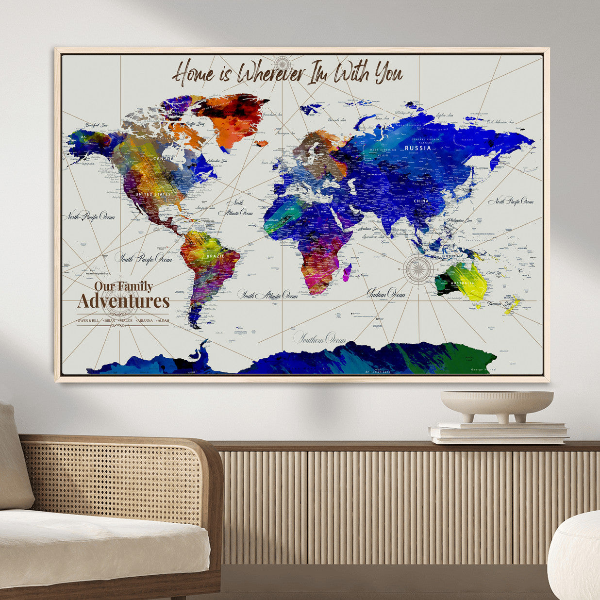 74686301-MGV-FC-36X24 - Customized Push Pin World Map Wall Art Canvas Print with Pins, Personalized Travel Tracker Map, Framed World Map for Living Room, Office and Home Decor
