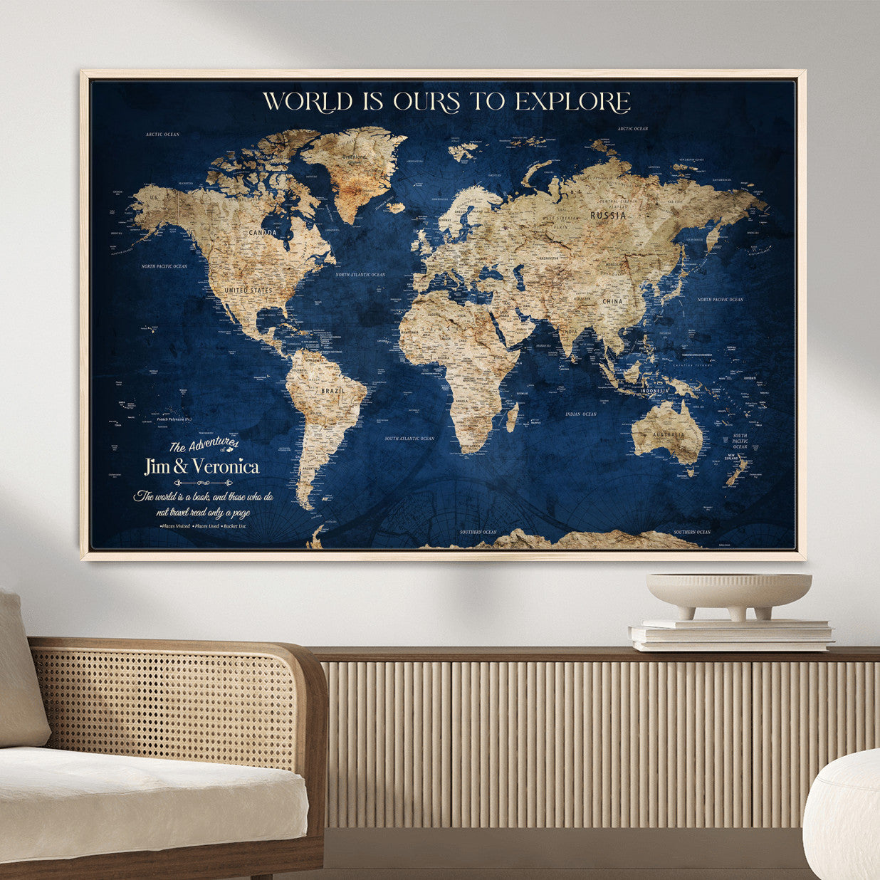 33364828-MGV-FC-36X24 - Personalized World Map Wall Art – Custom Framed Push Pin Travel Tracker Canvas Print Unique Gift for Home, Office