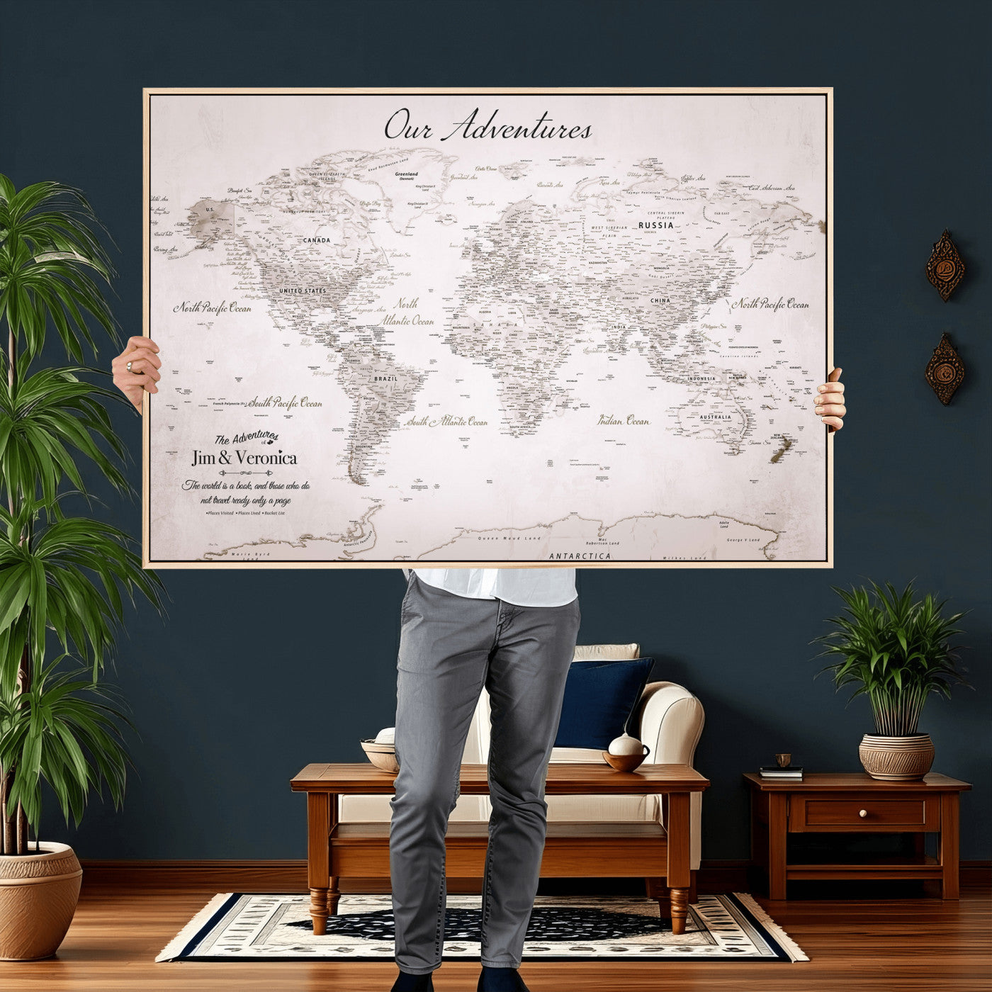 55881143-MGV-FC-36X24 - Personalized Push Pin World Map Wall Art Canvas Print with Pins – Customize Travel Tracker Map for Home and Office Décor