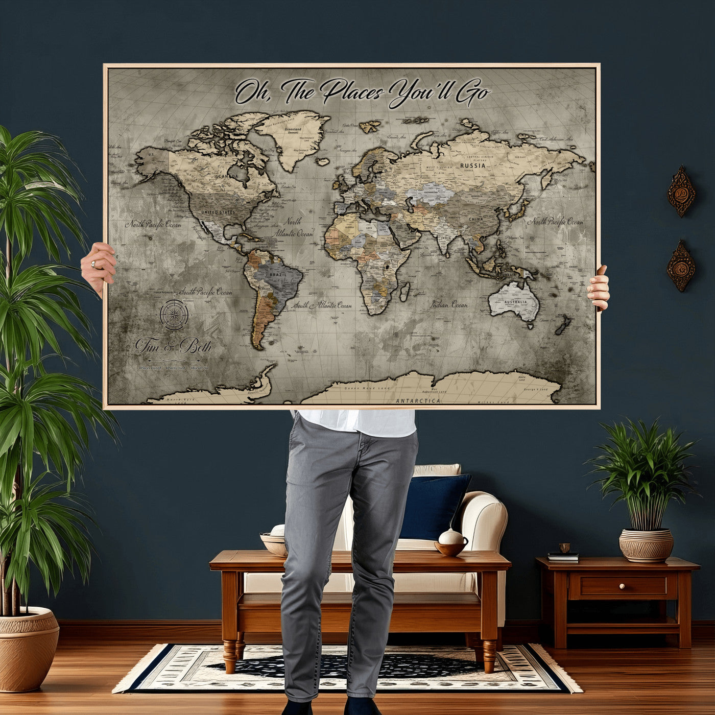 64506765-MGV-FC-36X24 - Personalize Push Pin World Map Wall Art Canvas Print with Pins – Customize Travel Tracker Map for Home and Office Décor