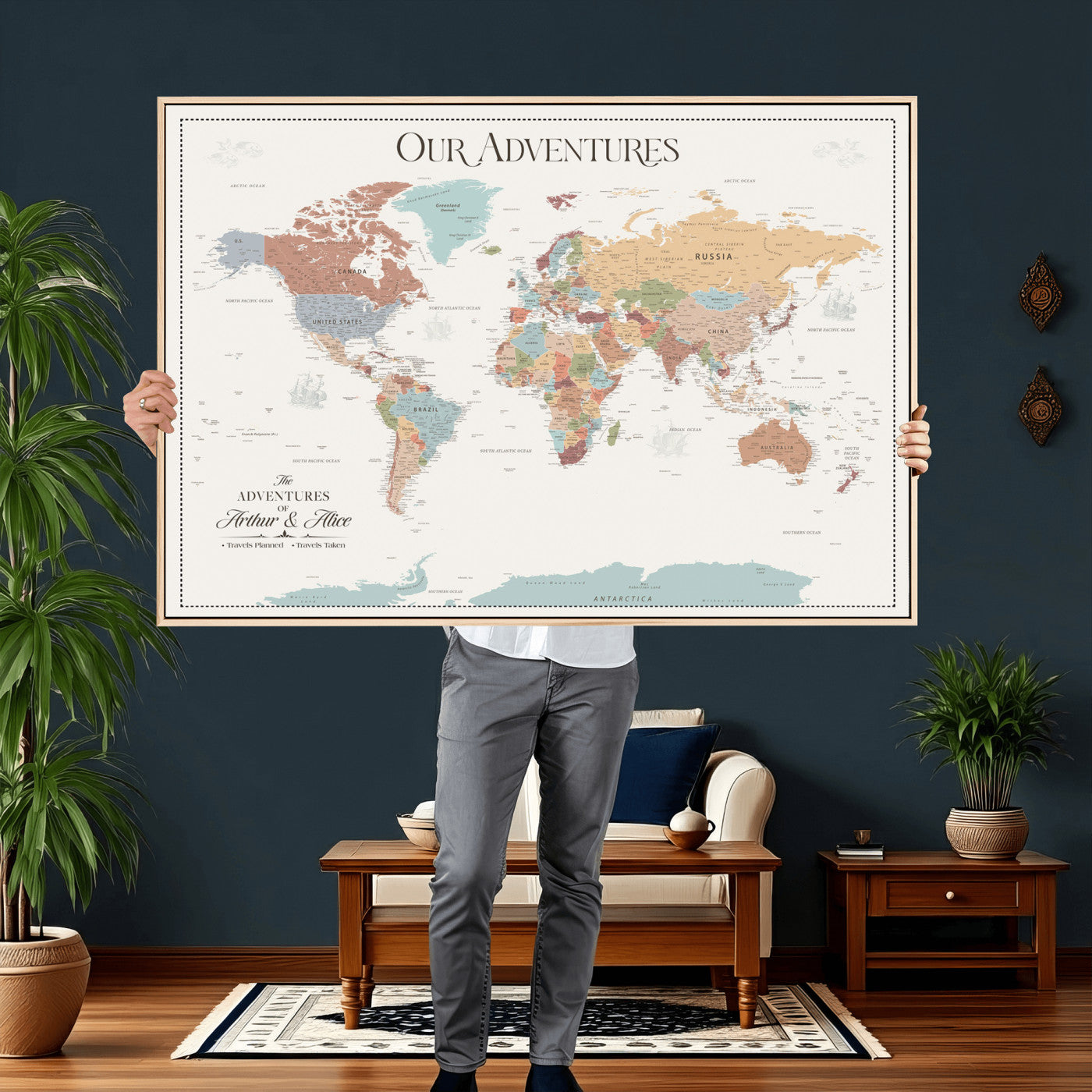 63033739-MGV-FC-36X24 - Personalized Push Pin World Map Wall Art Canvas Print with Pins – Customize Travel Tracker Map for Home and Office Décor