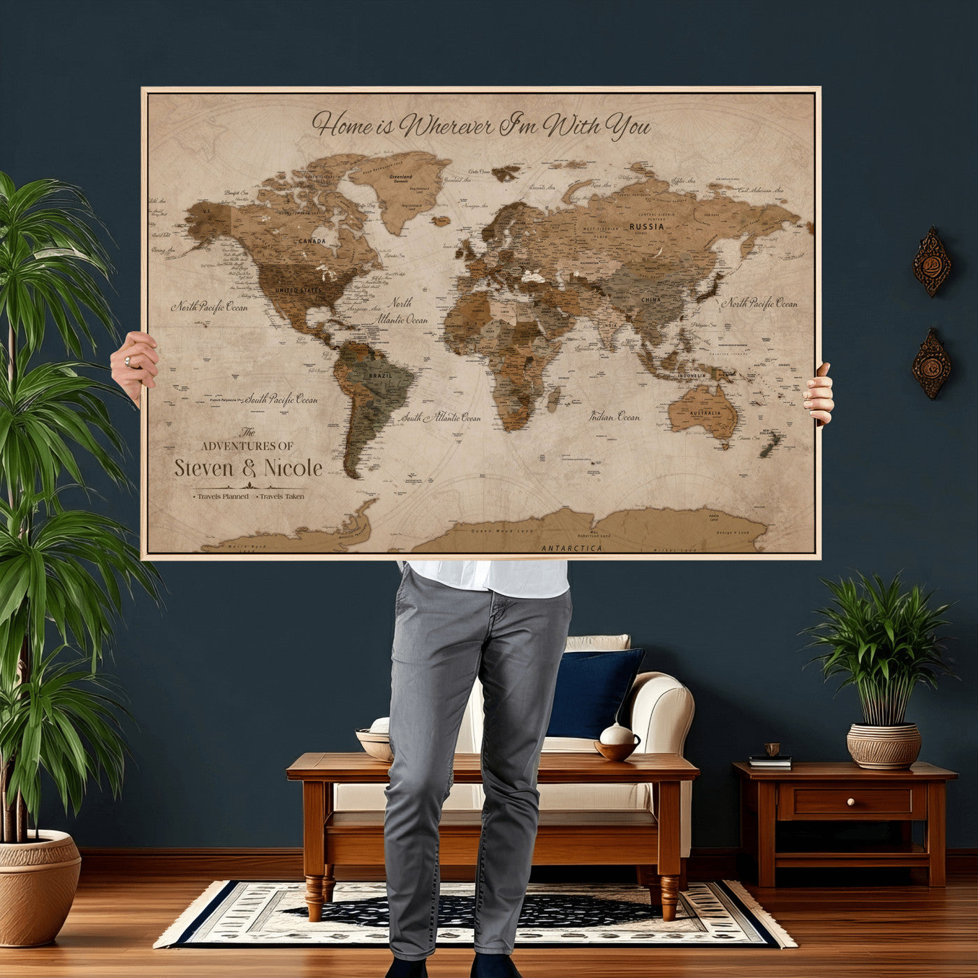 16491190-MGV-FC-36X24 - Personalized Push Pin World Map Wall Art Canvas Print with Pins – Customize Travel Tracker Map for Home and Office Décor