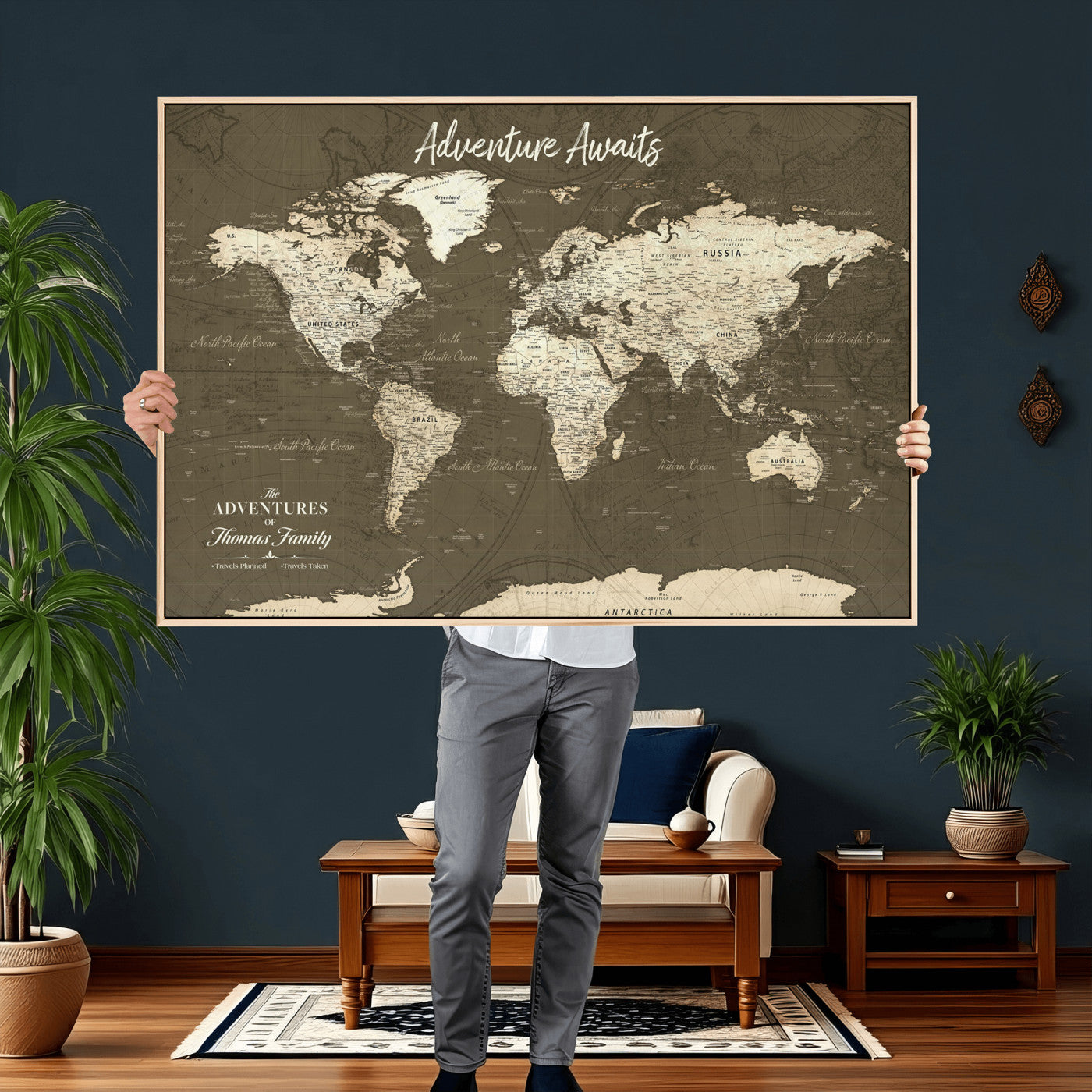 28332566-MGV-FC-36X24 - Personalized Push Pin World Map Wall Art Canvas Print with Pins – Customize Travel Tracker Map for Home and Office Décor