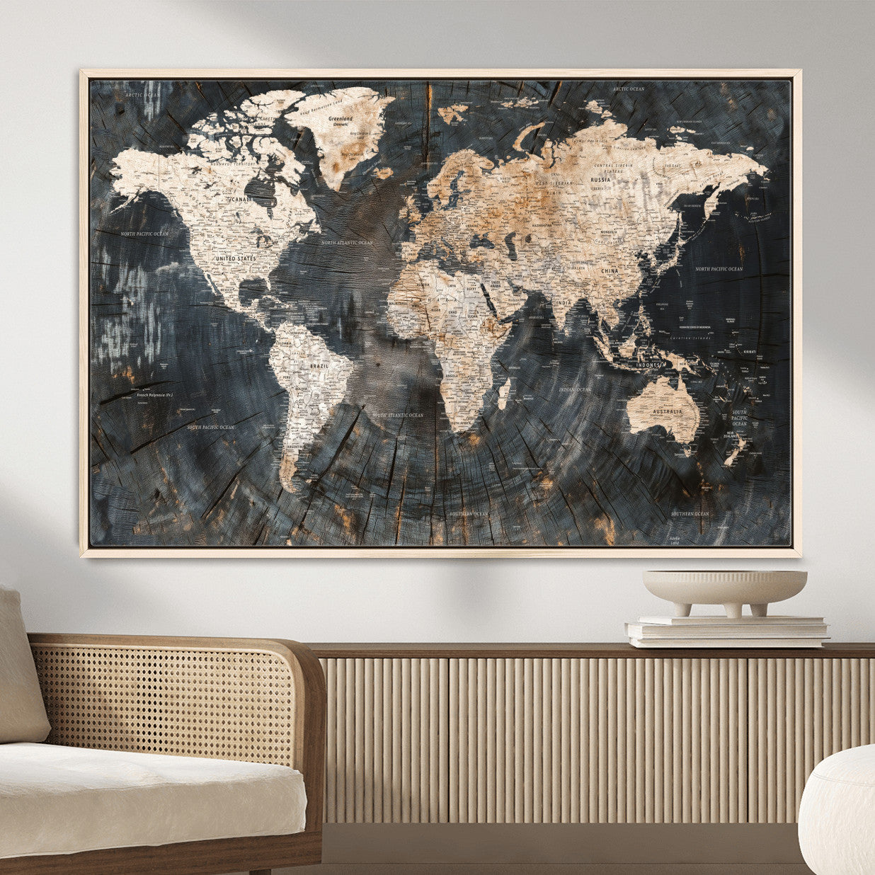 57626704-MGV-FC-36X24 - World Map Wall Art Canvas Print, Modern Decorative Framed Map Artwork Prints for Living Room, Office, Bedroom Wall Decor
