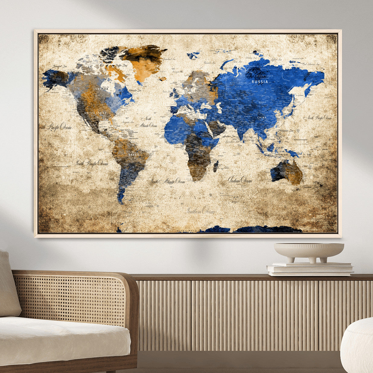 13564339-MGV-FC-36X24 - World Map Wall Art Canvas Print, Modern Decorative Framed Map Artwork Prints for Living Room, Office, Bedroom Wall Decor
