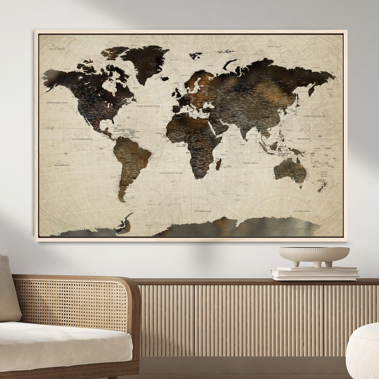 81771296-MGV-FC-36X24 - World Map Wall Art Canvas Print, Modern Decorative Framed Map Artwork Prints for Living Room, Office, Bedroom Wall Decor