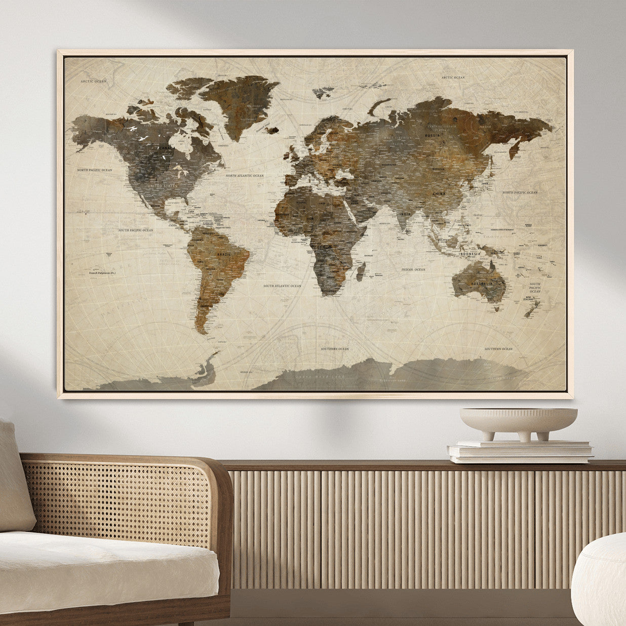 91849163-MGV-FC-36X24 - World Map Wall Art Canvas Print, Modern Decorative Framed Map Artwork Prints for Living Room, Office, Bedroom Wall Decor