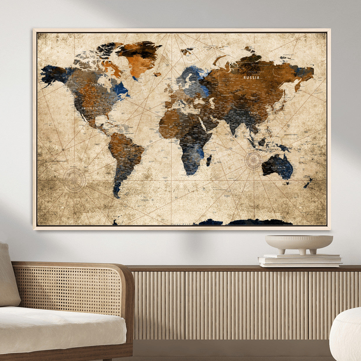 56297284-MGV-FC-36X24 - World Map Wall Art Canvas Print, Modern Decorative Framed Map Artwork Prints for Living Room, Office, Bedroom Wall Decor