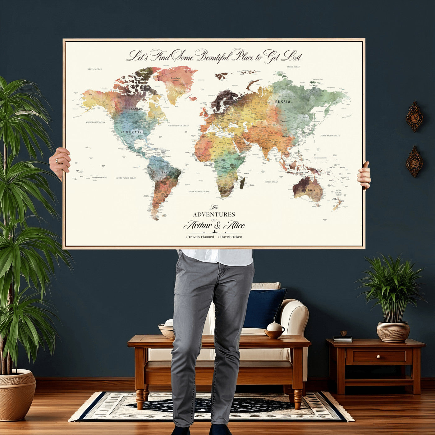 67119830-MGV-FC-36X24 - Customized Push Pin World Map Wall Art Canvas Print with Pins, Framed Personalize Travel Tracker Map, World Map for Living Room and Office Decor