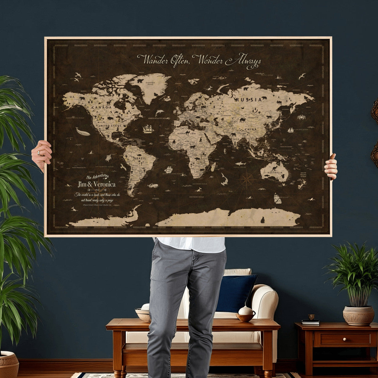 85776859-MGV-FC-36X24 - Personalize Push Pin World Map Wall Art Canvas Print with Pins, Framed Personalize Travel Tracker Map, World Map for Living Room and Office Decor