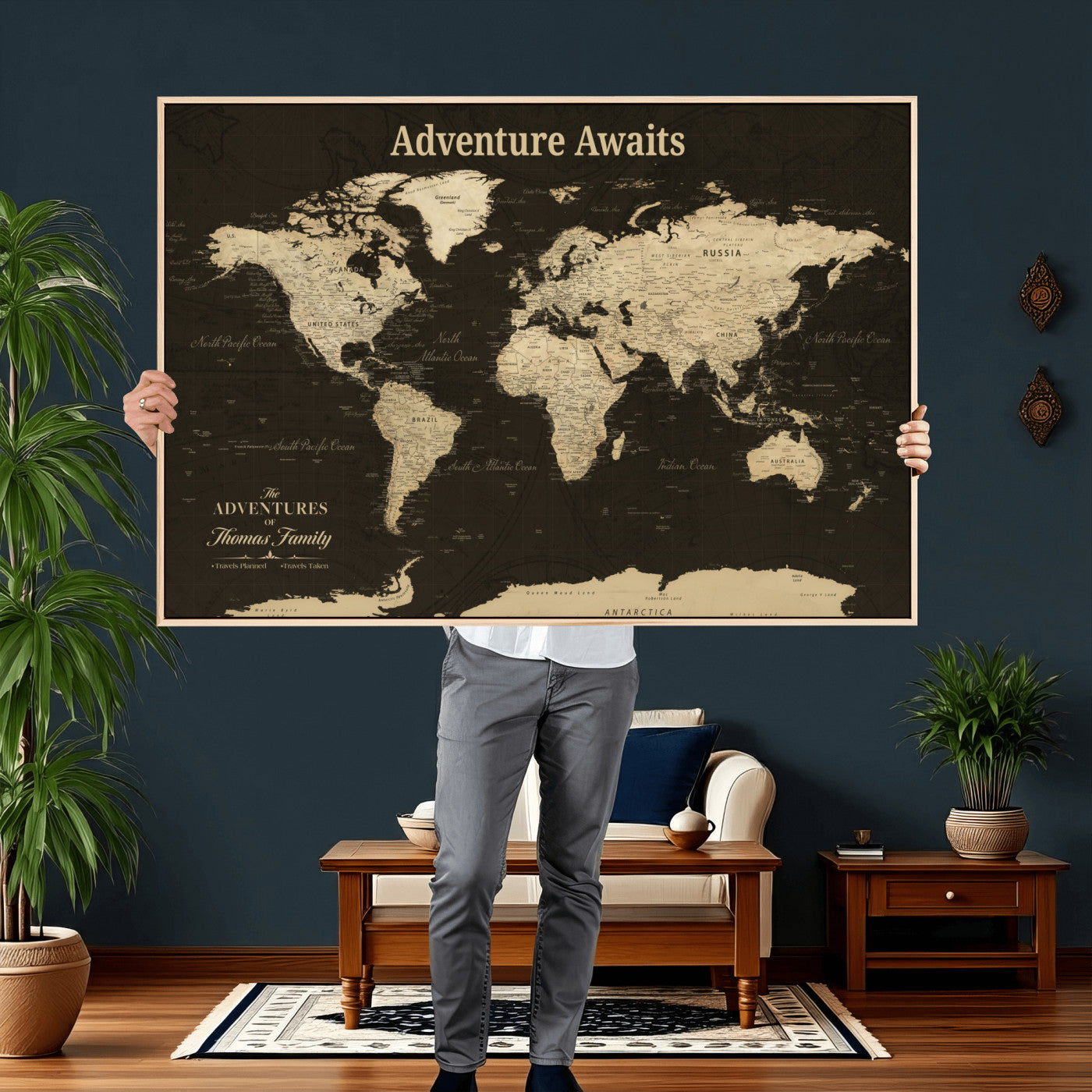 67940426-MGV-FC-36X24 - Customized Push Pin World Map Wall Art Canvas Print with Pins, Framed Personalize Travel Tracker Map, World Map for Living Room and Office Decor