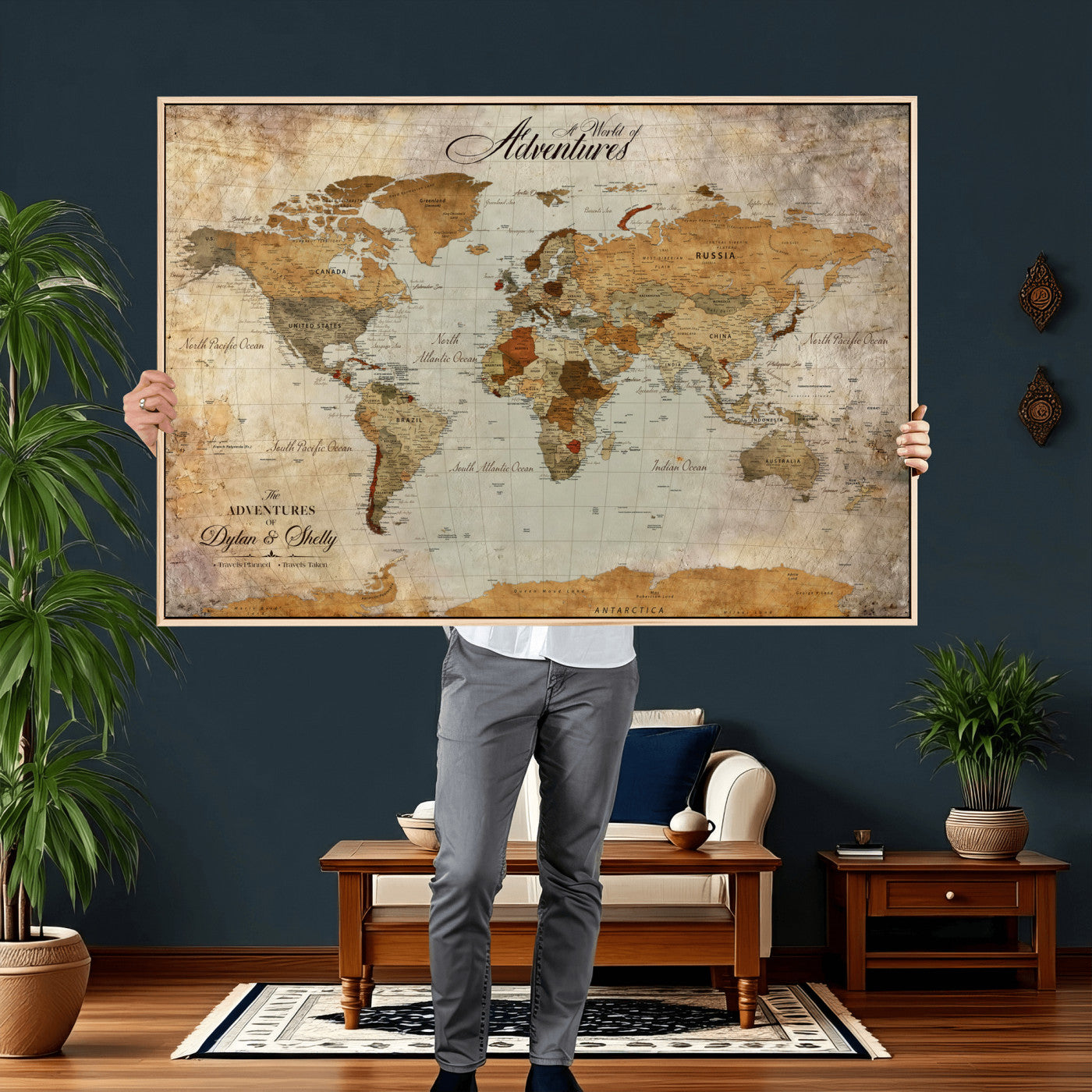 54461872-MGV-CV-36X24 - Custom Push Pin World Map Wall Art Canvas Print - Personalized Travel Tracker with Pins Framed Large for Home and Office Decor