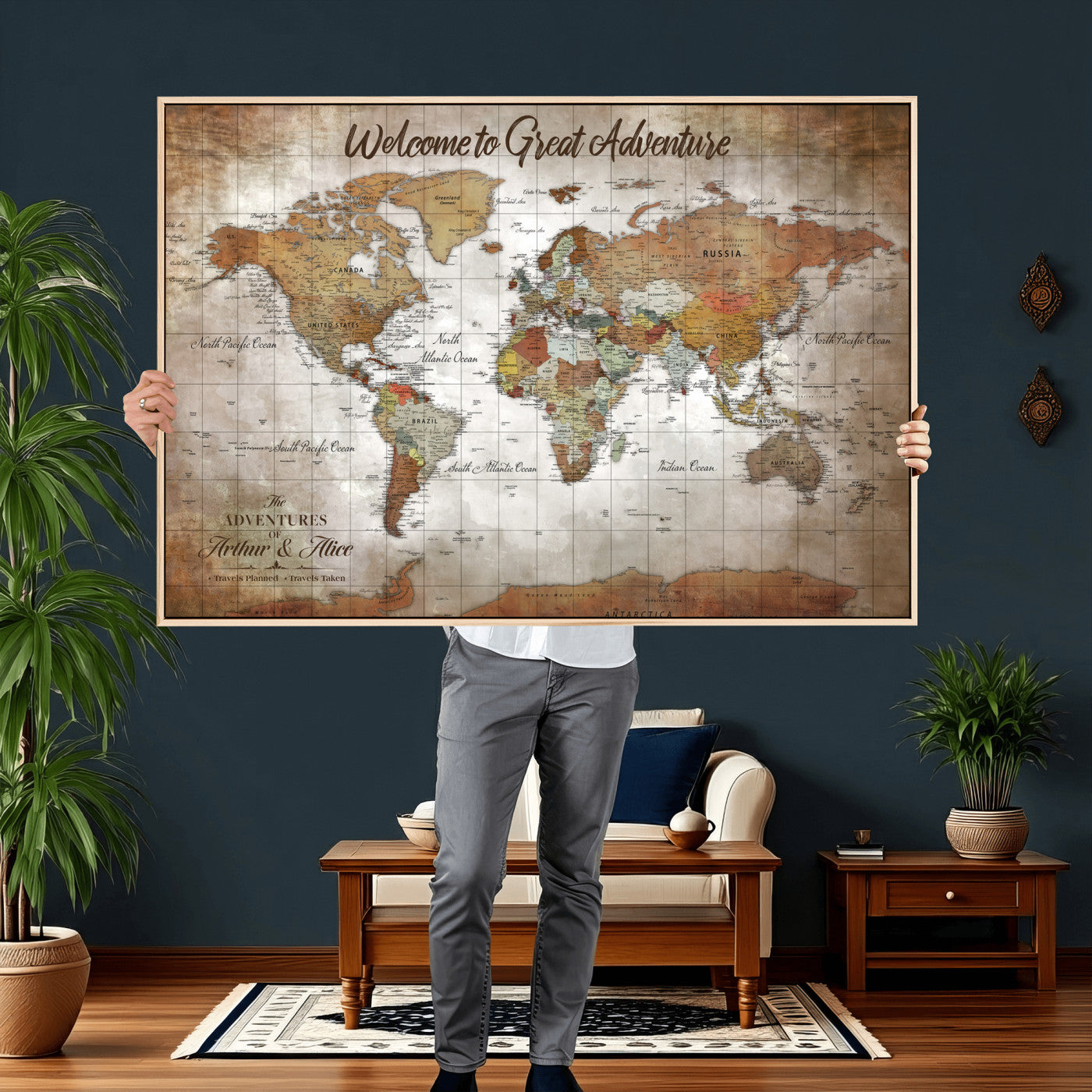 94821994-MGV-CV-36X24 - Custom Push Pin World Map Wall Art Canvas Print – Personalized Travel Tracker with Pins Framed Large for Home and Office Decor