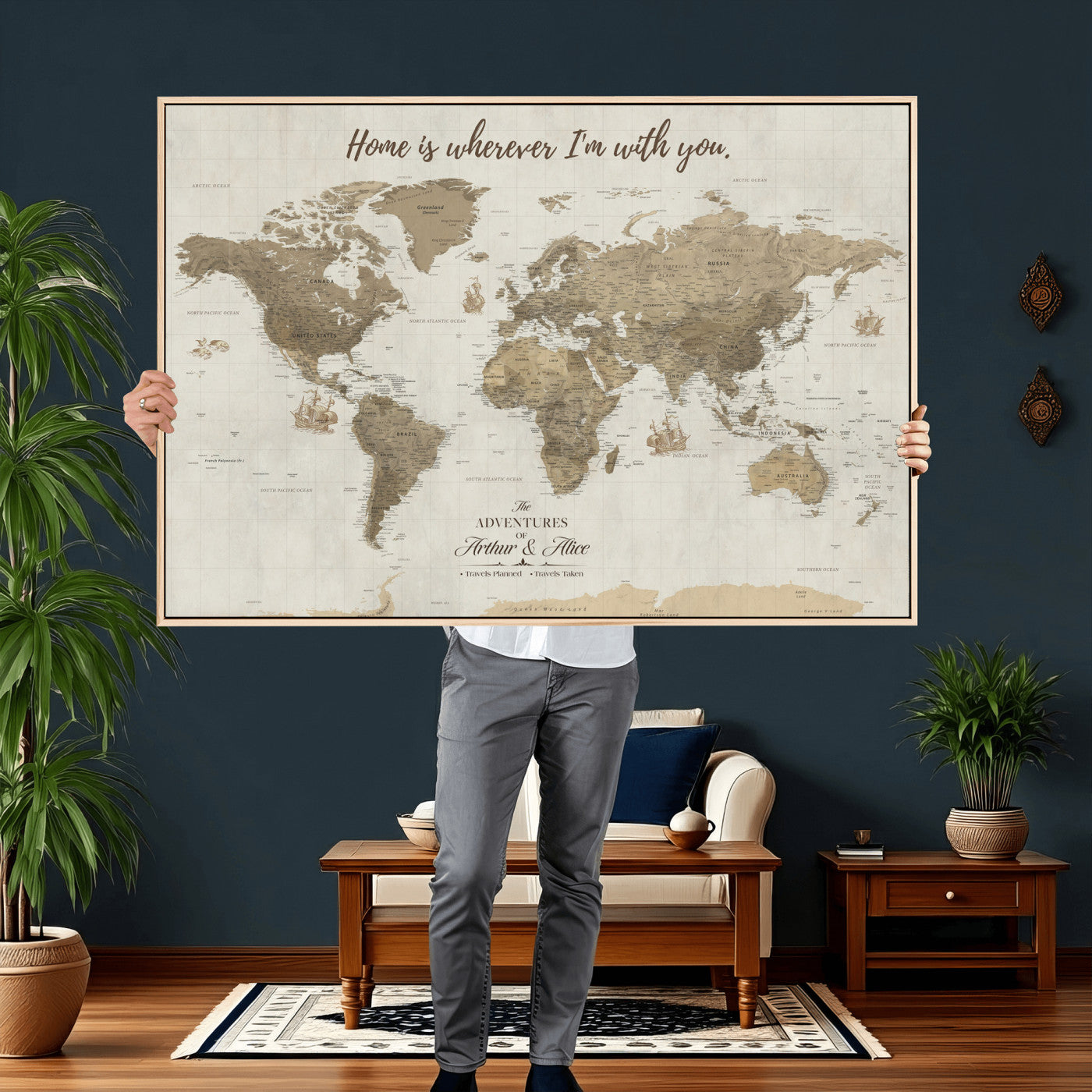 61351027-MGV-CV-36X24 - Custom Push Pin World Map Wall Art Canvas Print – Personalized Travel Tracker with Pins Framed Large for Home and Office Decor