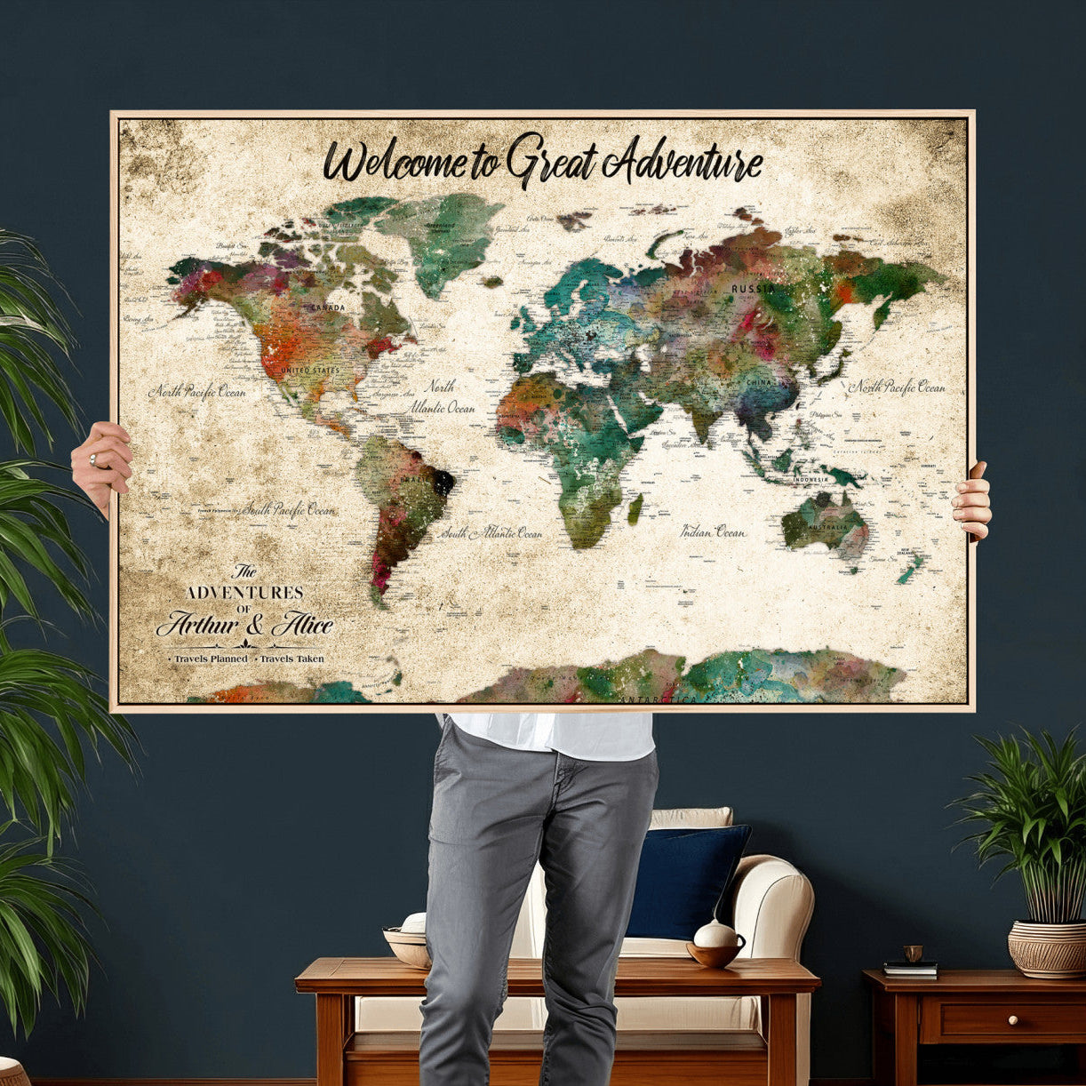 89225601-MGV-CV-36X24 - Custom Push Pin World Map Wall Art Canvas Print – Personalized Travel Tracker with Pins Framed Large for Home and Office Decor