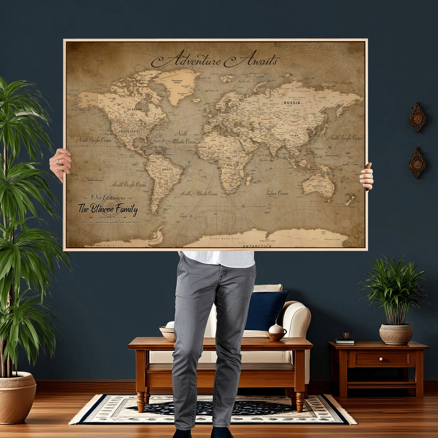 59418012-MGV-CV-36X24 - Custom Push Pin World Map Wall Art Canvas Print – Personalized Travel Tracker with Pins Framed Large for Home and Office Decor