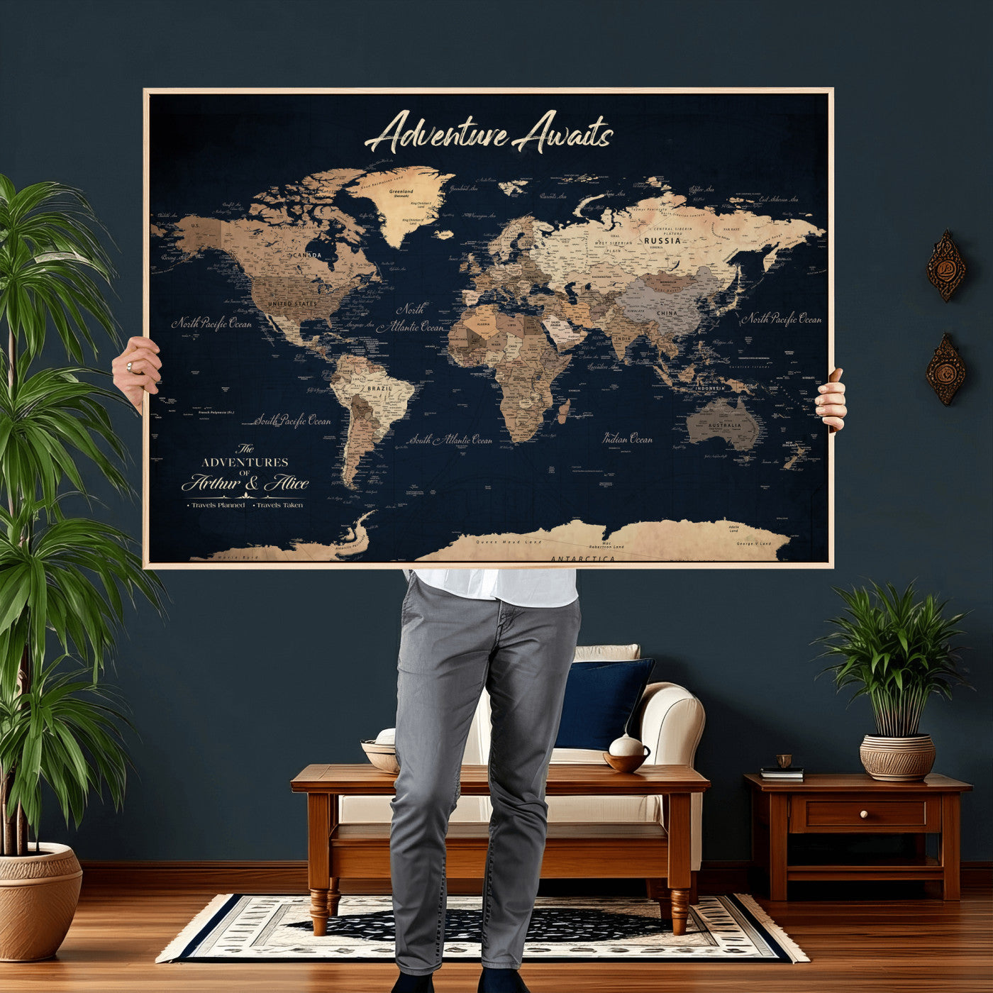 64110301-MGV-CV-36X24 - Custom Push Pin World Map Wall Art Canvas Print - Personalized Travel Tracker with Pins Framed Large for Home and Office Decor