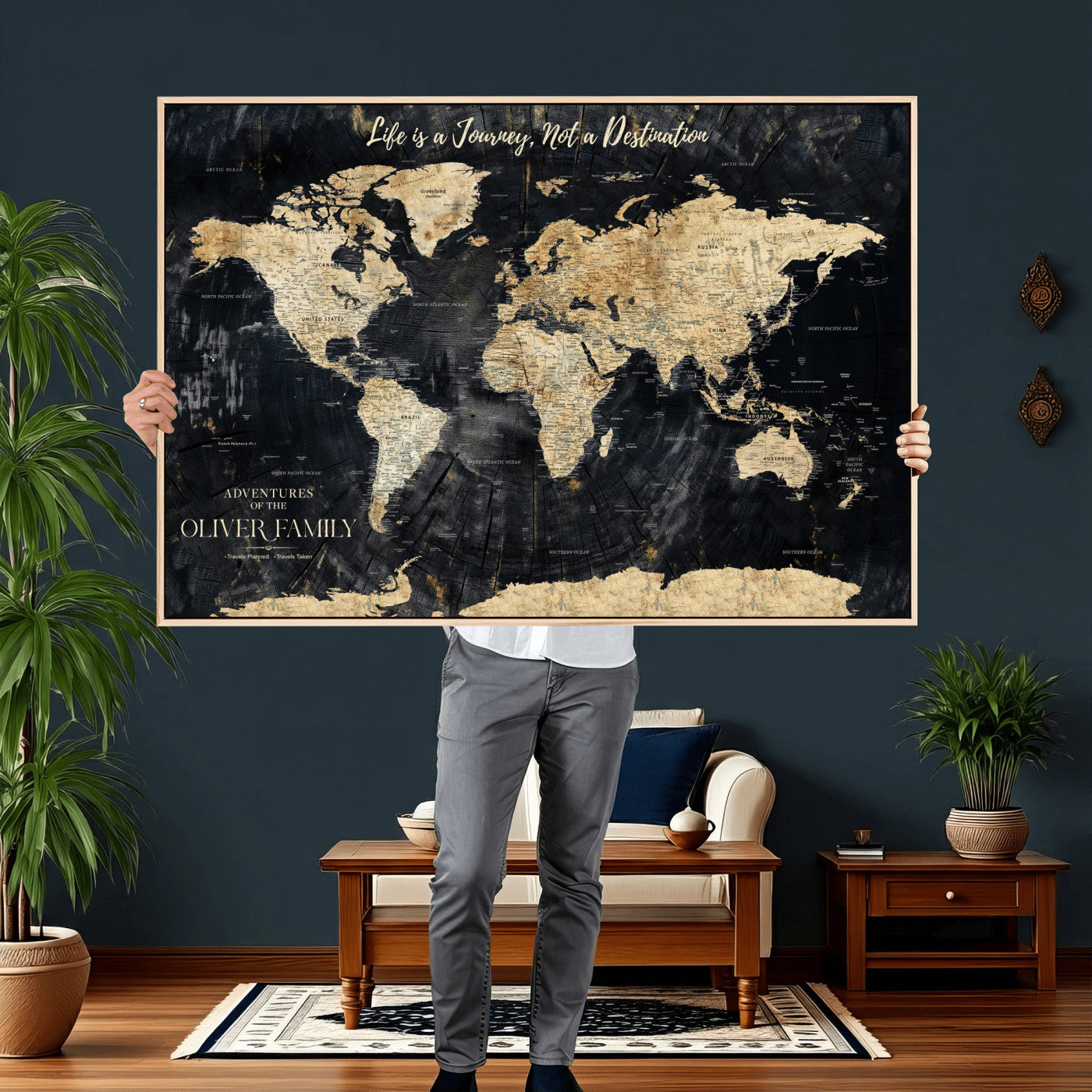 77472096-MGV-CV-36X24 - Custom Push Pin World Map Wall Art Canvas Print – Personalized Travel Tracker with Pins Framed Large for Home and Office Decor