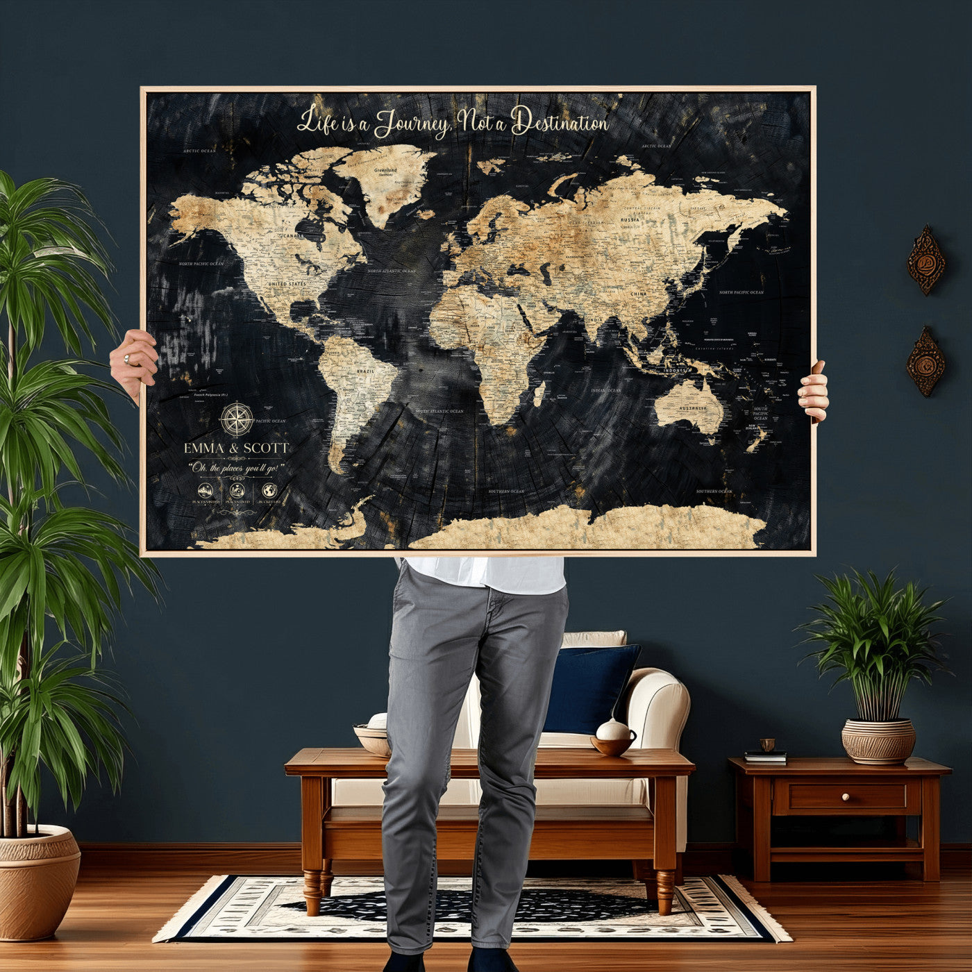 77472096-MGV-CV-36X24 - Custom Push Pin World Map Wall Art Canvas Print – Personalized Travel Tracker with Pins Framed Large for Home and Office Decor