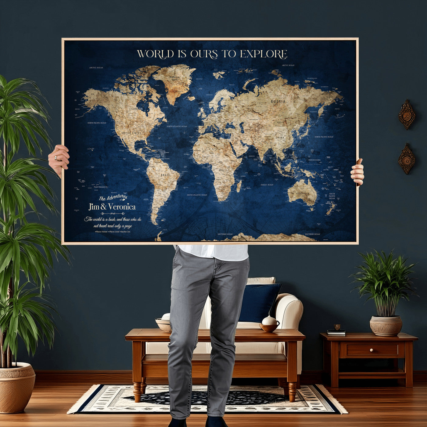 35296308-MGV-CV-36X24 - Custom Push Pin World Map Wall Art Canvas Print – Personalized Travel Tracker with Pins Framed Large for Home and Office Decor