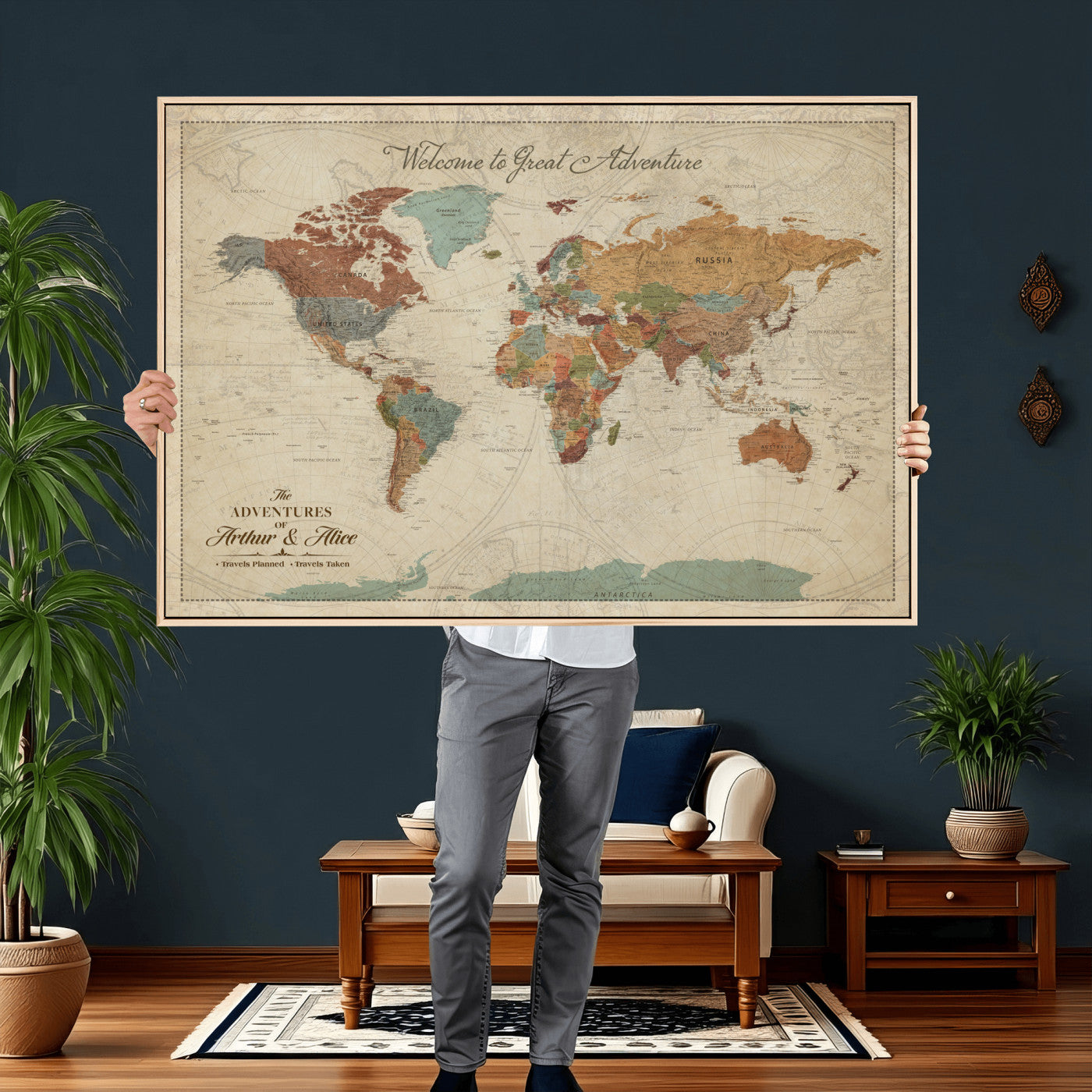 44361524-MGV-CV-36X24 - Custom Push Pin World Map Wall Art Canvas Print – Personalized Travel Tracker with Pins Framed Large for Home and Office Decor