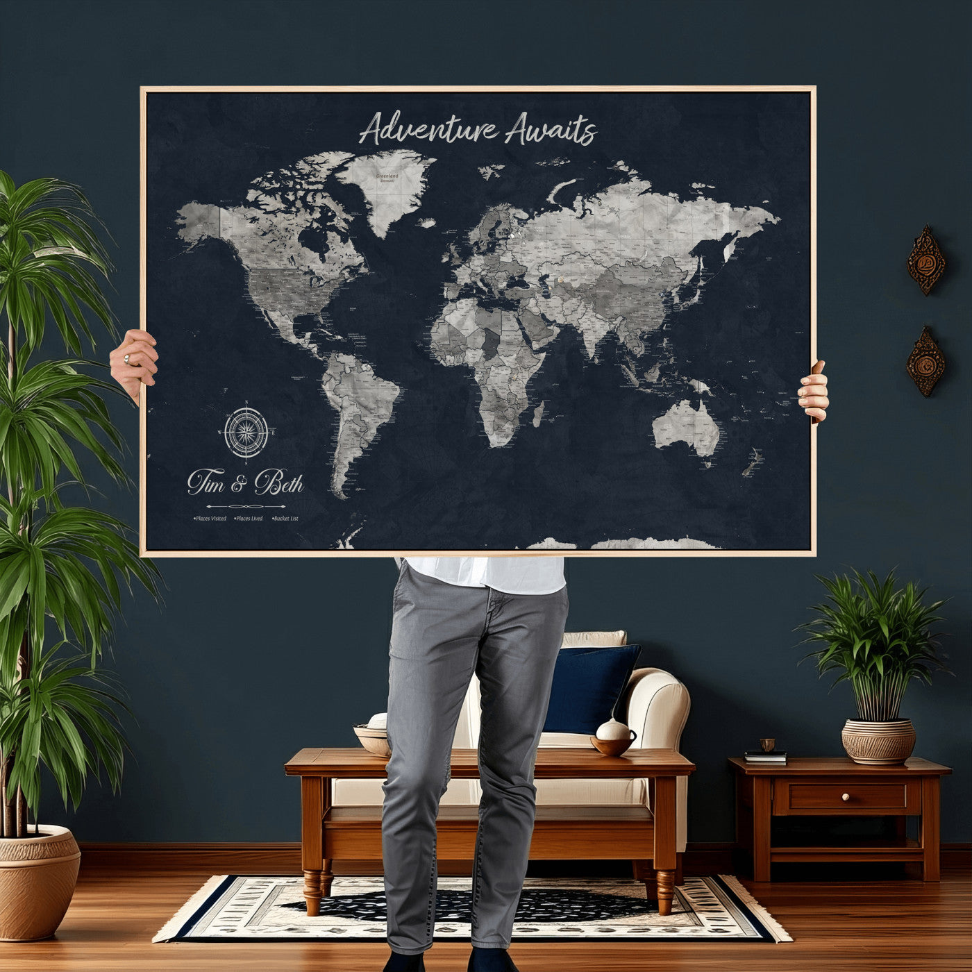 32031089-MGV-CV-36X24 - Custom Push Pin World Map Wall Art Canvas Print – Personalized Travel Tracker with Pins Framed Large for Home and Office Decor