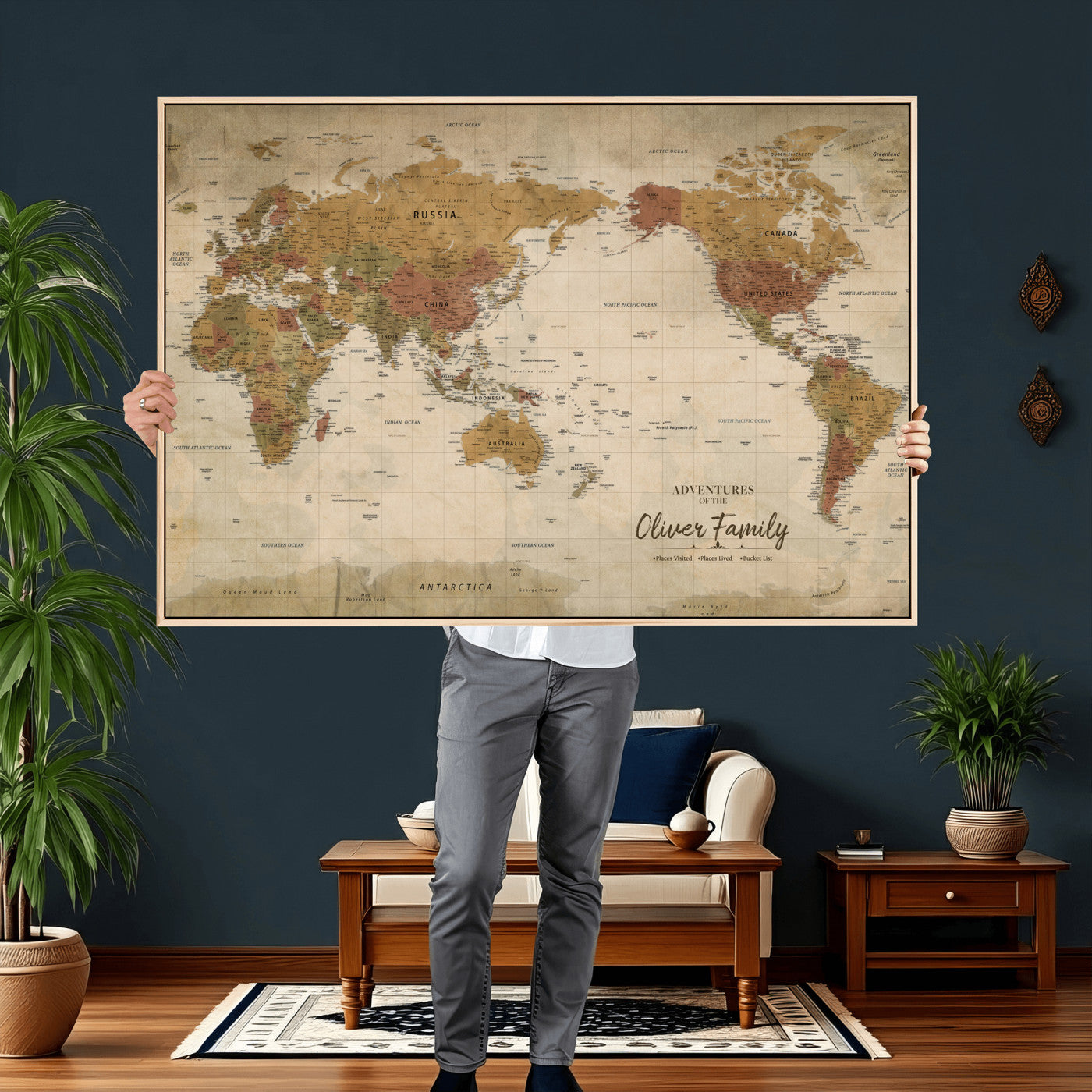 19347393-MGV-CV-36X24 - Custom Push Pin World Map Wall Art Canvas Print – Personalized Travel Tracker with Pins Framed Large for Home and Office Decor