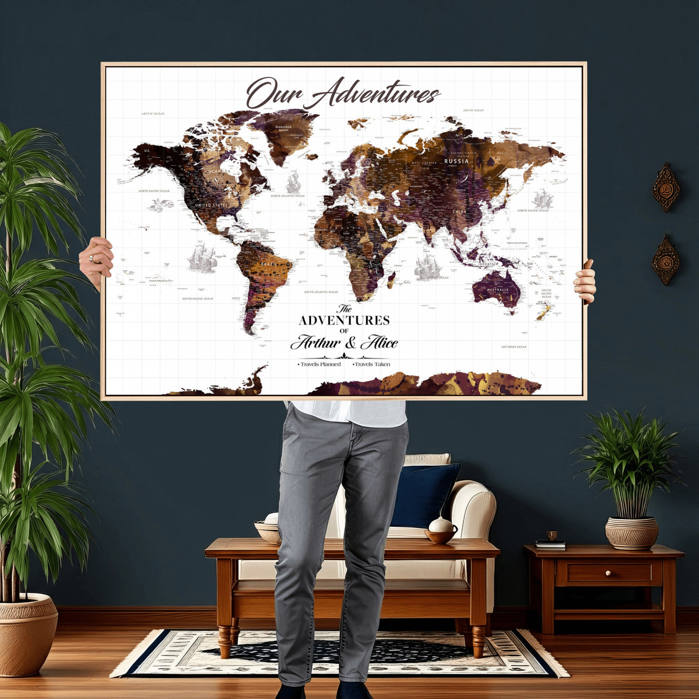 95729279-MGV-CV-36X24 - Custom Push Pin World Map Wall Art Canvas Print – Personalized Travel Tracker with Pins Framed Large for Home and Office Decor