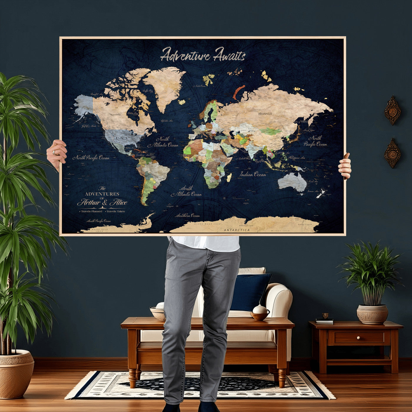 39120422-MGV-CV-36X24 - Custom Push Pin World Map Wall Art Canvas Print – Personalized Travel Tracker with Pins Framed Large for Home and Office Decor