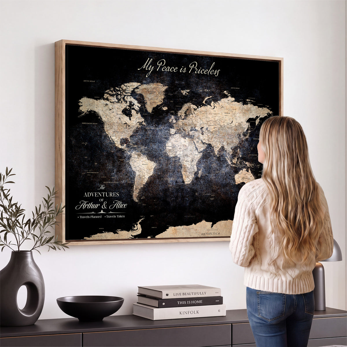 38689152-MGV-CV-36X24 - Personalized Beige World Map Canvas with Push Pins, Couples Countries Visited Map, Study and Hallway Decor