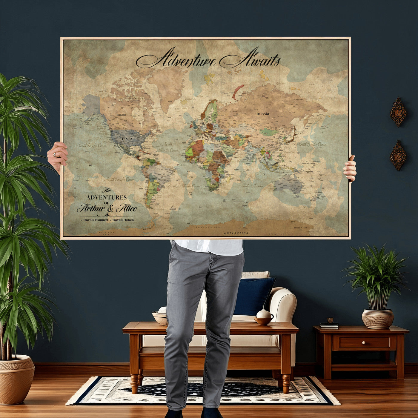 80420159-MGV-CV-36X24 - Custom Push Pin World Map Wall Art Canvas Print – Personalized Travel Tracker with Pins Framed Large for Home and Office Decor