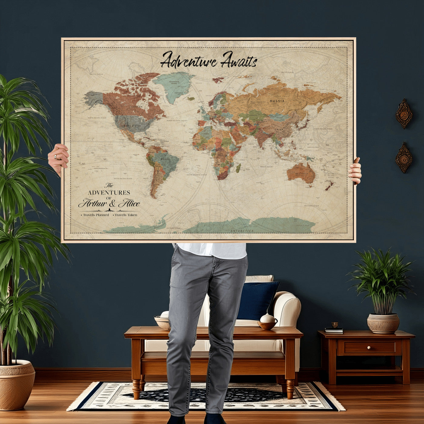 10741176-MGV-CV-36X24 - Custom Push Pin World Map Wall Art Canvas Print – Personalized Travel Tracker with Pins Framed Large for Home and Office Decor