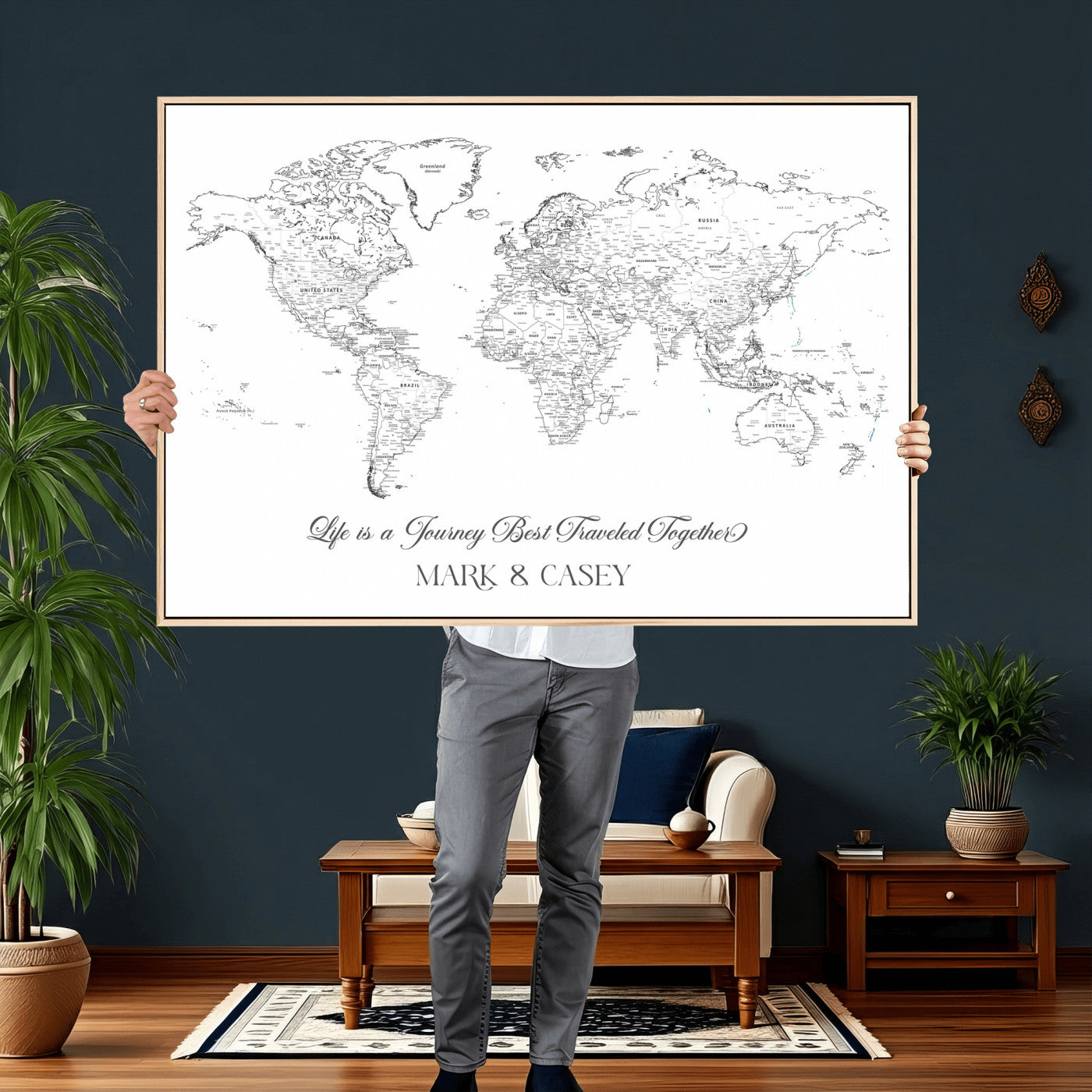 57820424-MGV-CV-36X24 - Custom Push Pin World Map Wall Art Canvas Print – Personalized Travel Tracker with Pins Framed Large for Home and Office Decor