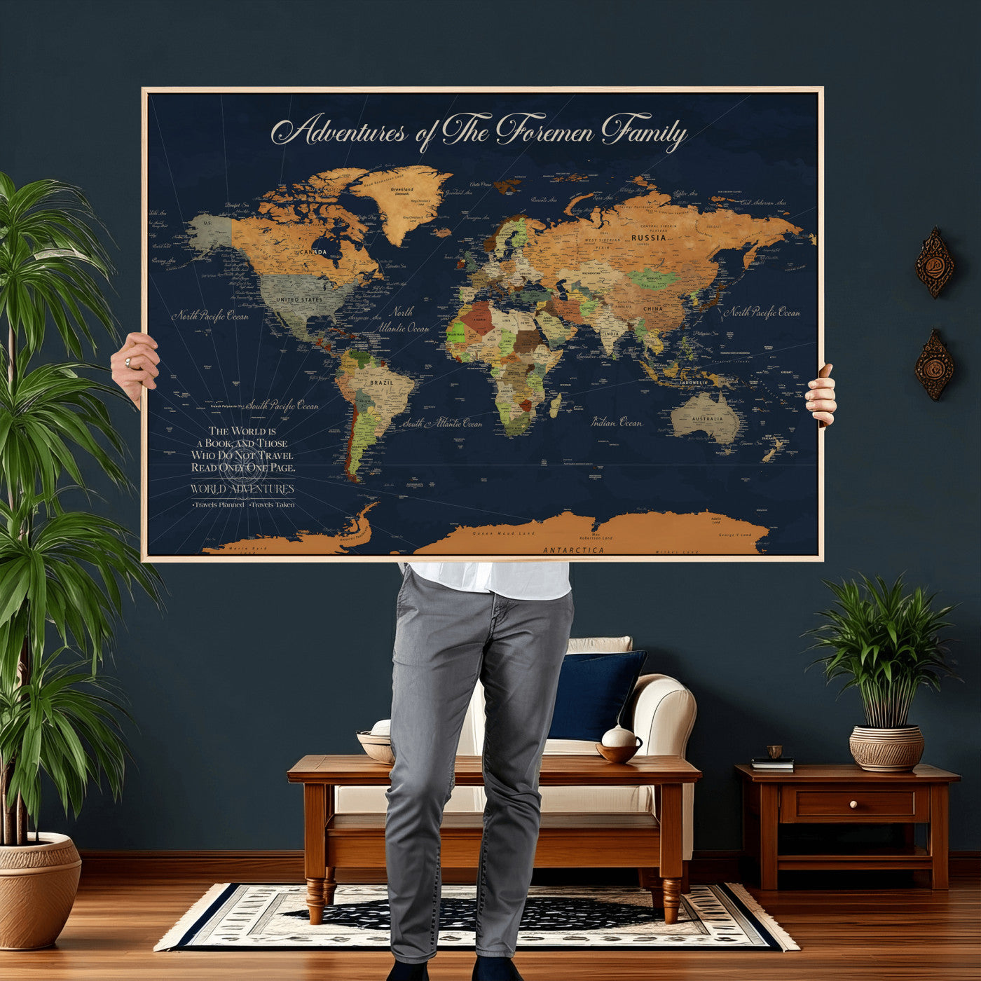 84352304-MGV-CV-36X24 - Custom Push Pin World Map Wall Art Canvas Print – Personalized Travel Tracker with Pins Framed Large for Home and Office Decor