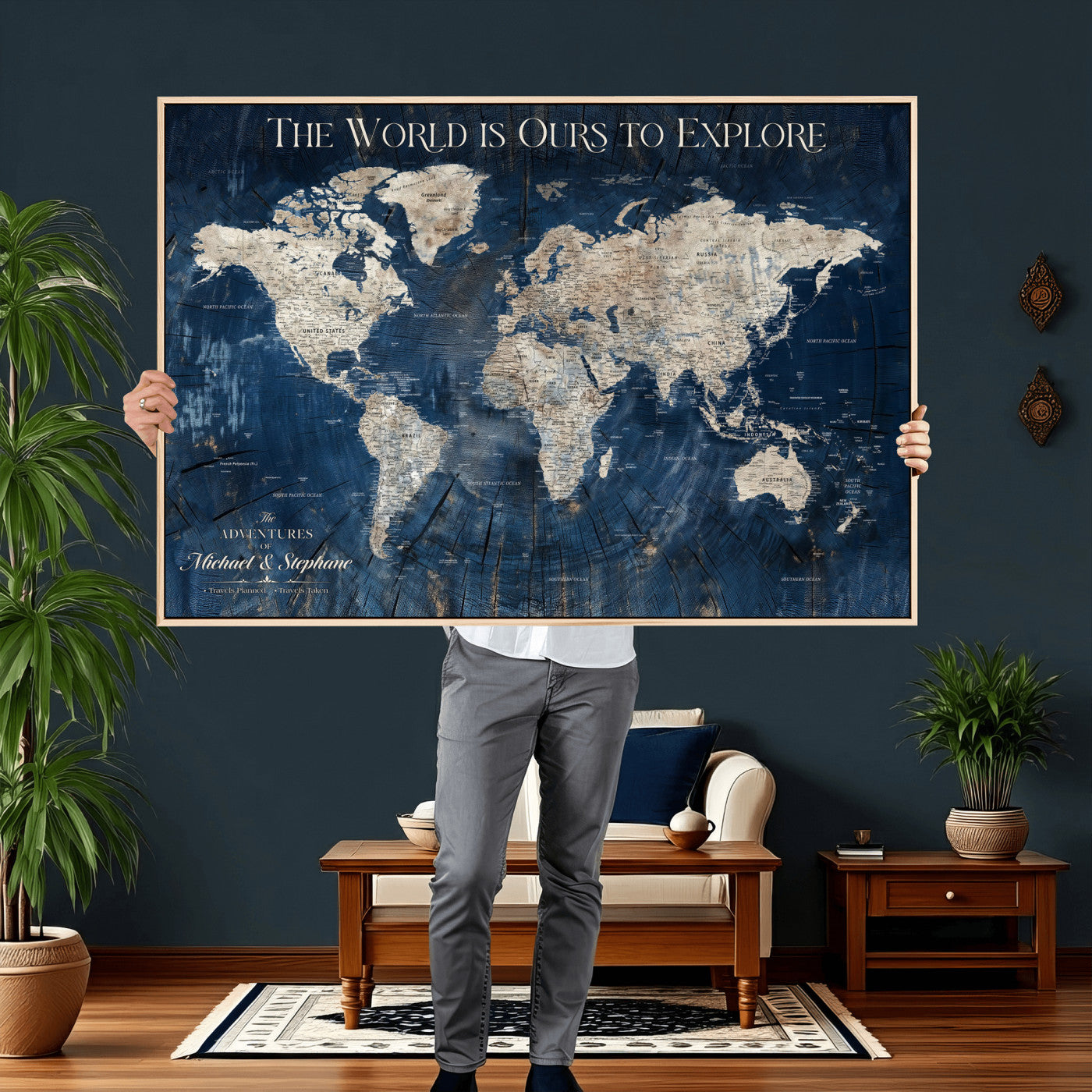 76965912-MGV-CV-36X24 - Custom Push Pin World Map Wall Art Canvas Print – Personalized Travel Tracker with Pins Framed Large for Home and Office Decor