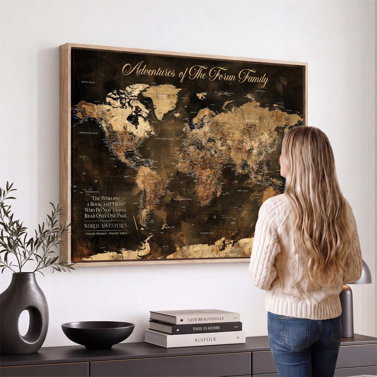 20594960-MGV-CV-36X24 - Custom Push Pin World Map Wall Art Canvas Print – Personalized Travel Tracker with Pins Framed Large for Home and Office Decor