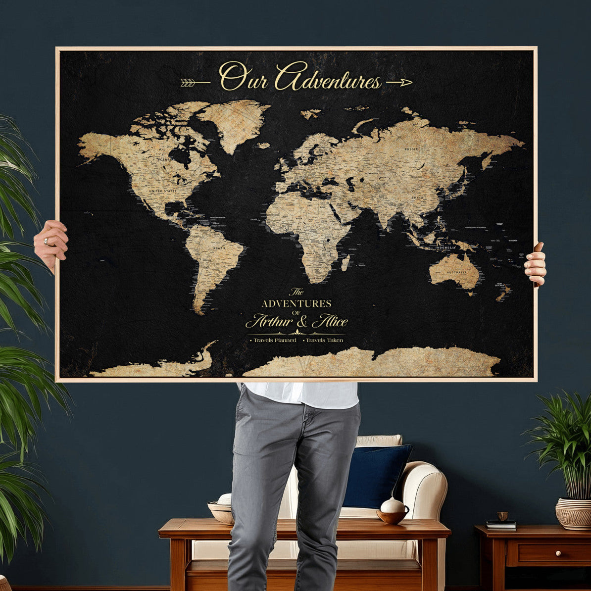 54638998-MGV-CV-36X24 - Custom Push Pin World Map Wall Art Canvas Print – Personalized Travel Tracker with Pins Framed Large for Home and Office Decor