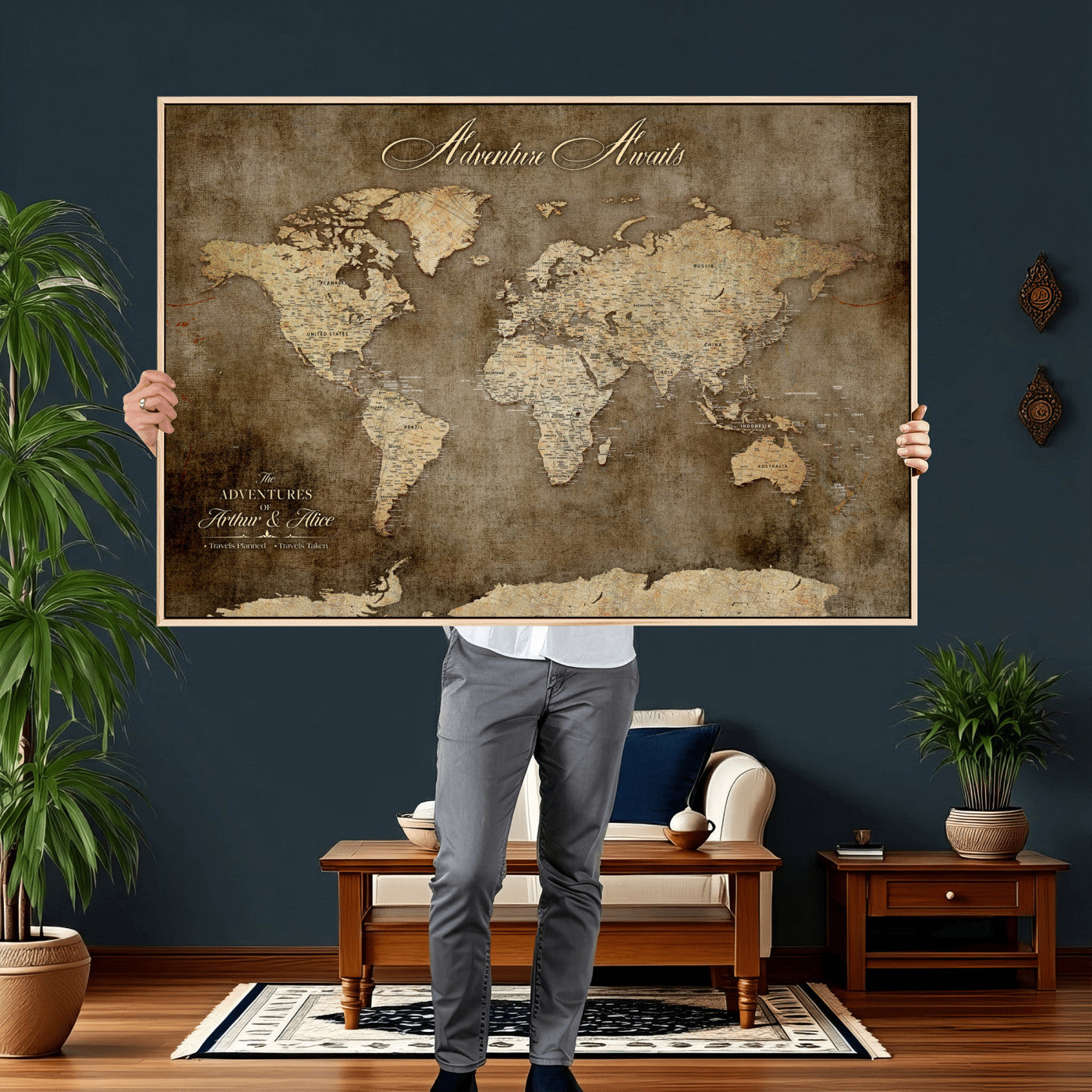 61836190-MGV-CV-36X24 - Custom Push Pin World Map Wall Art Canvas Print – Personalized Travel Tracker with Pins Framed Large for Home and Office Decor
