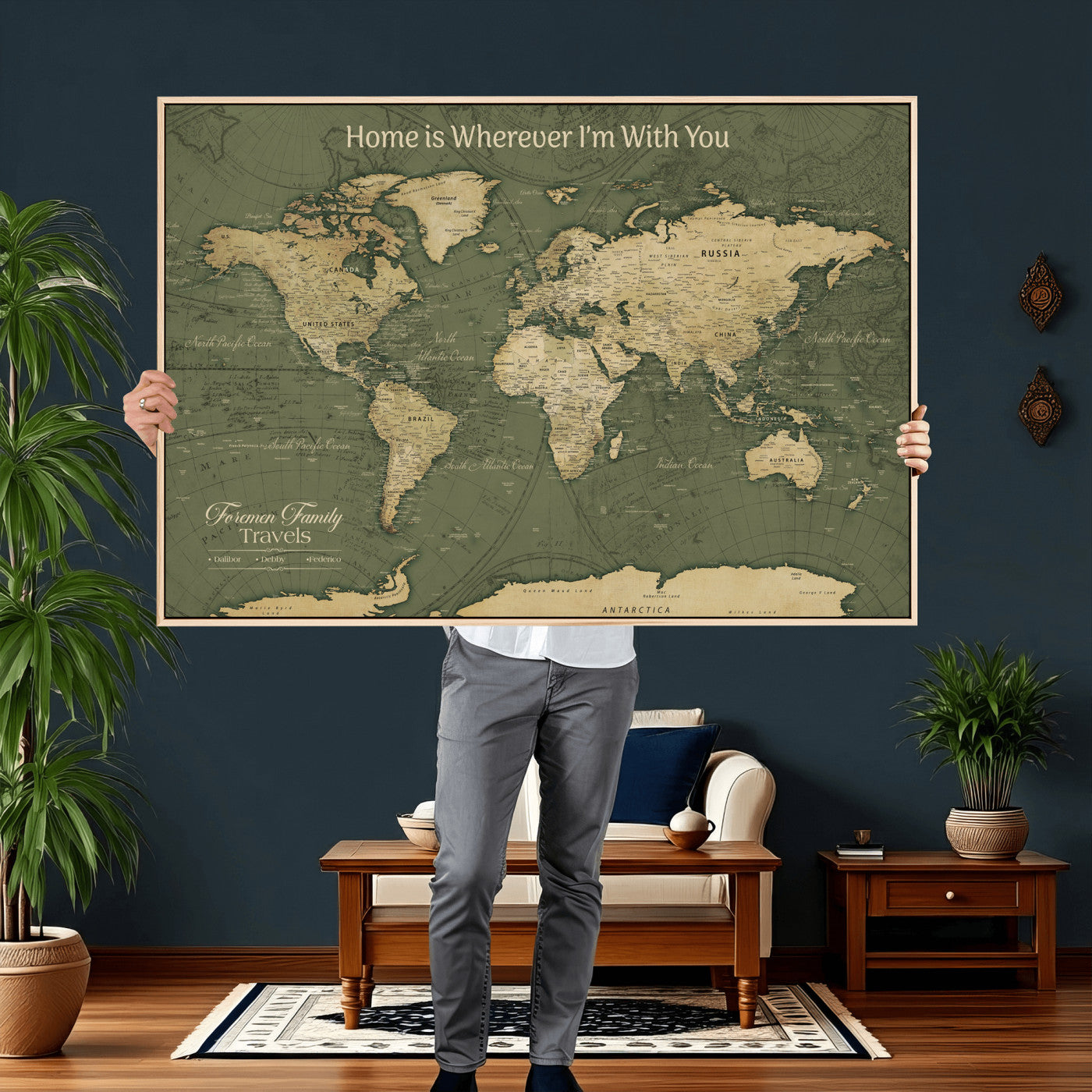 31715895-MGV-CV-36X24 - Custom Push Pin World Map Wall Art Canvas Print – Personalized Travel Tracker with Pins Framed Large for Home and Office Decor