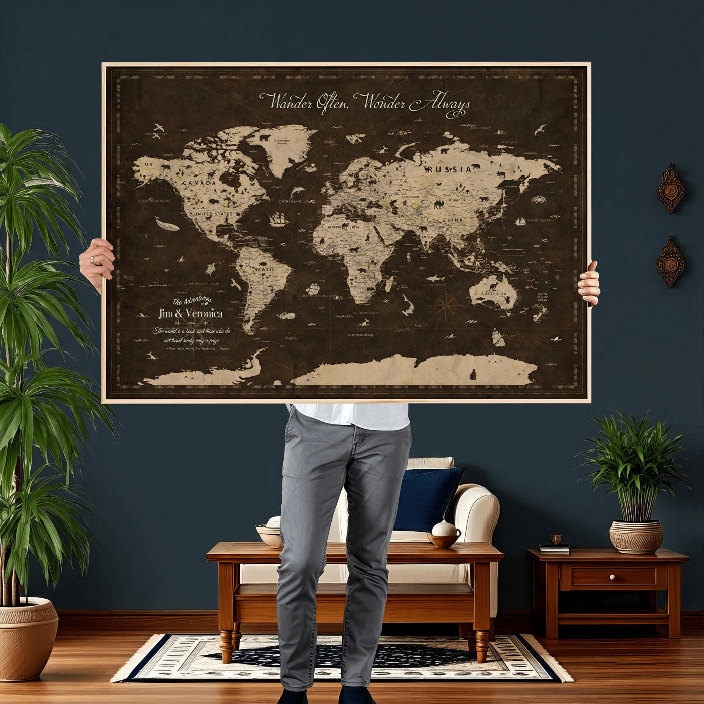 20091587-MGV-CV-36X24 - Custom Push Pin World Map Wall Art Canvas Print – Personalized Travel Tracker with Pins Framed Large for Home and Office Decor