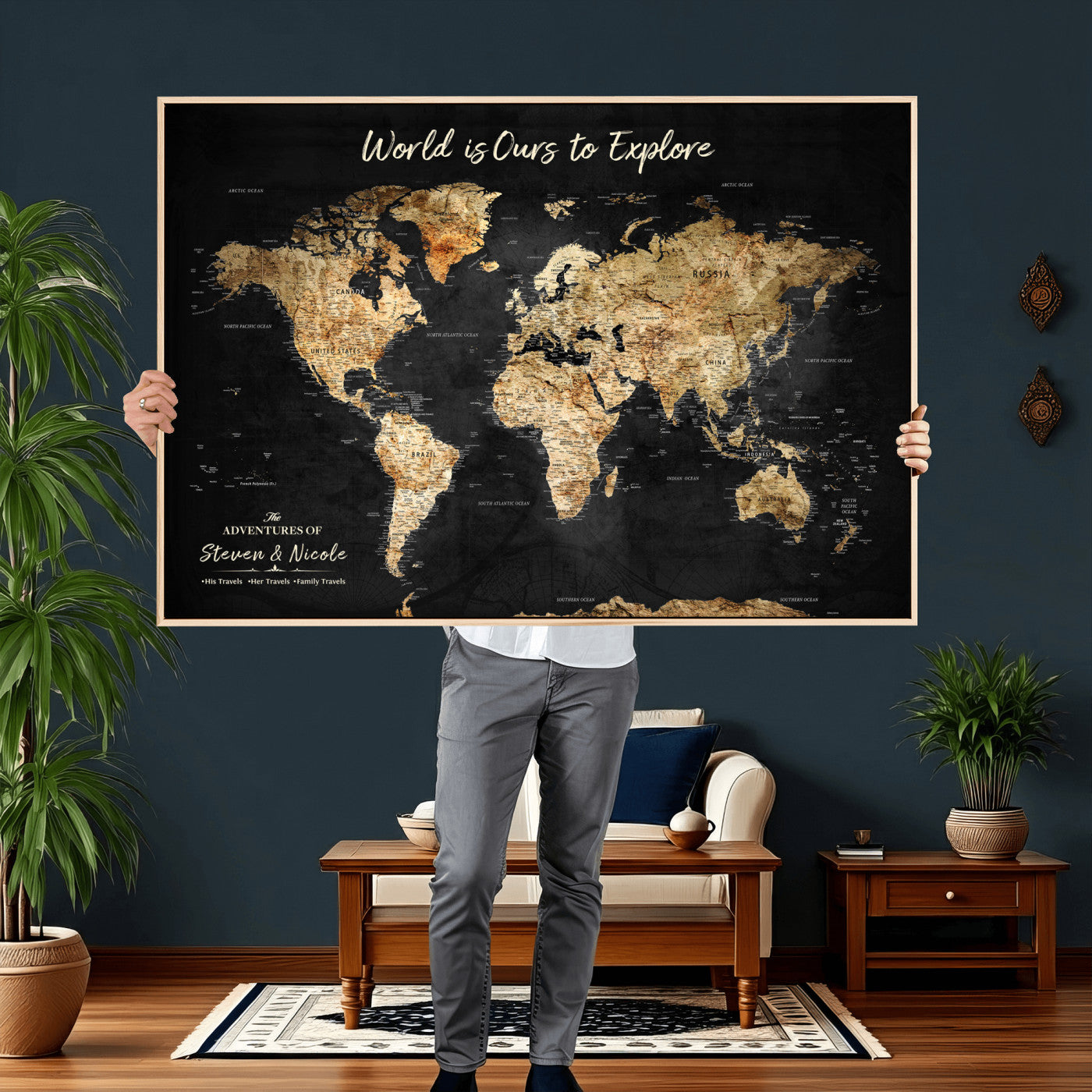 73732636-MGV-CV-36X24 - Custom Push Pin World Map Wall Art Canvas Print – Personalized Travel Tracker with Pins Framed Large for Home and Office Decor