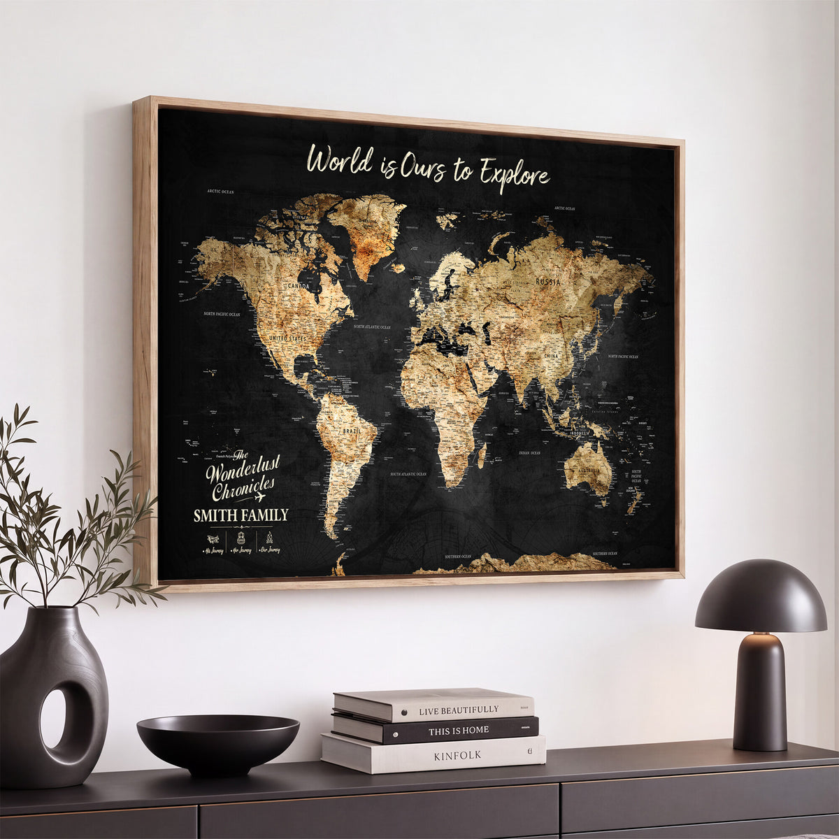 73732636-MGV-CV-36X24 - Custom Push Pin World Map Wall Art Canvas Print – Personalized Travel Tracker with Pins Framed Large for Home and Office Decor