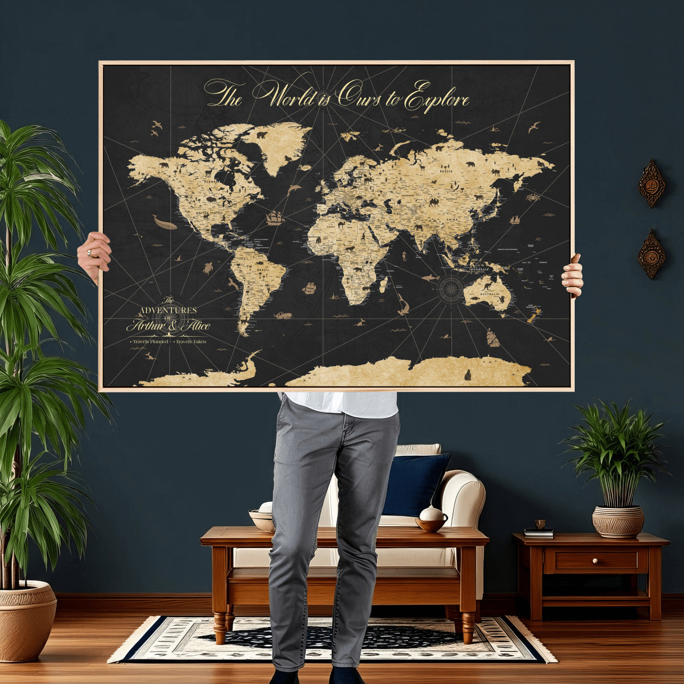 54097664-MGV-CV-36X24 - Custom Push Pin World Map Wall Art Canvas Print – Personalized Travel Tracker with Pins Framed Large for Home and Office Decor