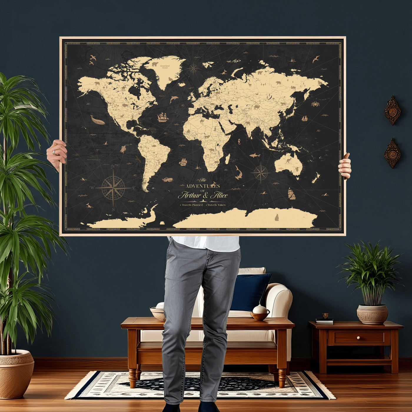23208482-MGV-CV-36X24 - Custom Push Pin World Map Wall Art Canvas Print – Personalized Travel Tracker with Pins Framed Large for Home and Office Decor